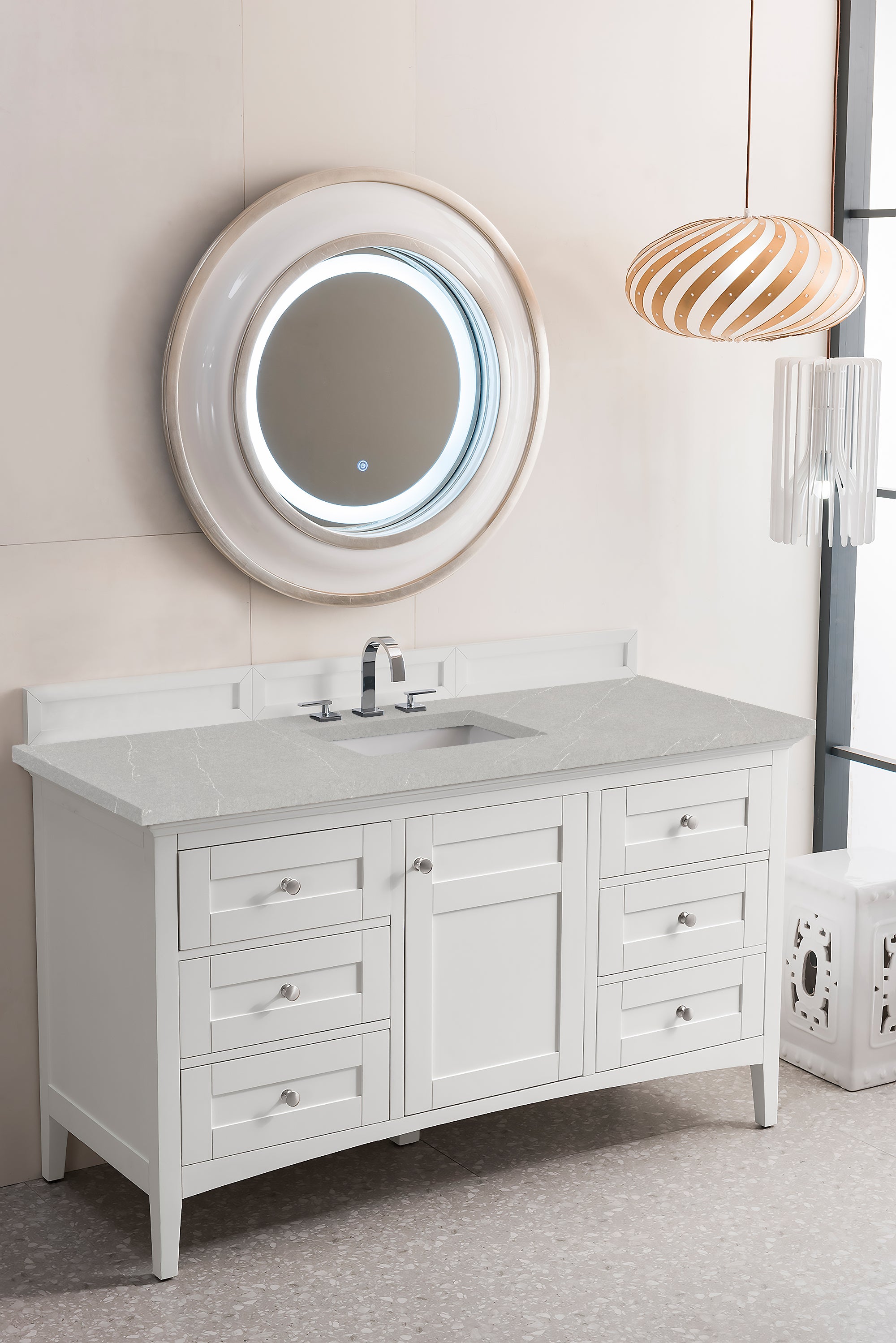 Palisades 60 Inch Single Bathroom Vanity Set with 3CM Eternal Serena Quartz Countertop in Bright White - Perfect for Modern Master Bathrooms and Powder Rooms