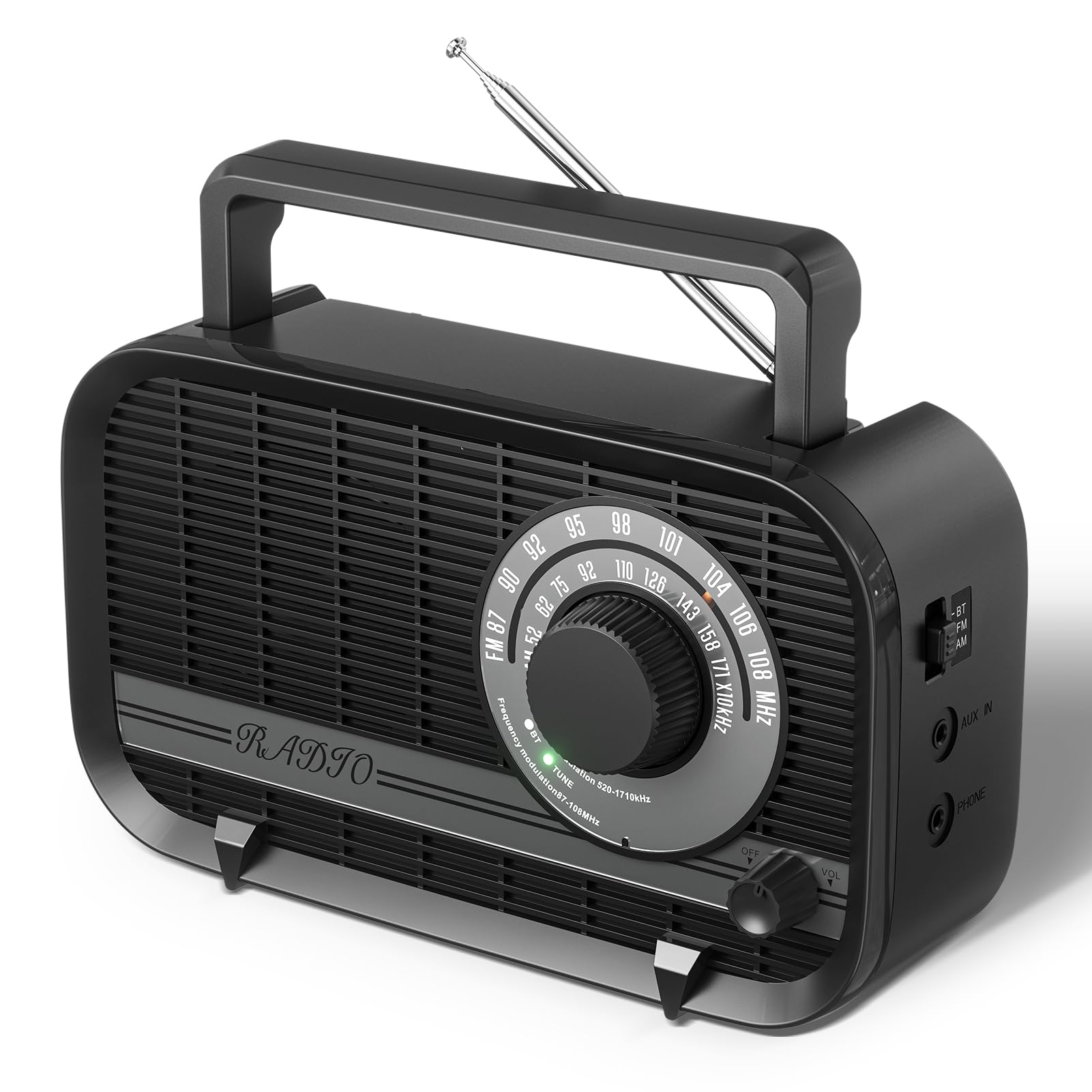 Best AM FM Portable Radio - Plug in Wall or Battery Operated with Bluetooth, Headphone Jack & Large Dial - Easy to Use for Seniors & Elderly - Perfect for Home, Emergency, Camping & Outdoor Use - Black