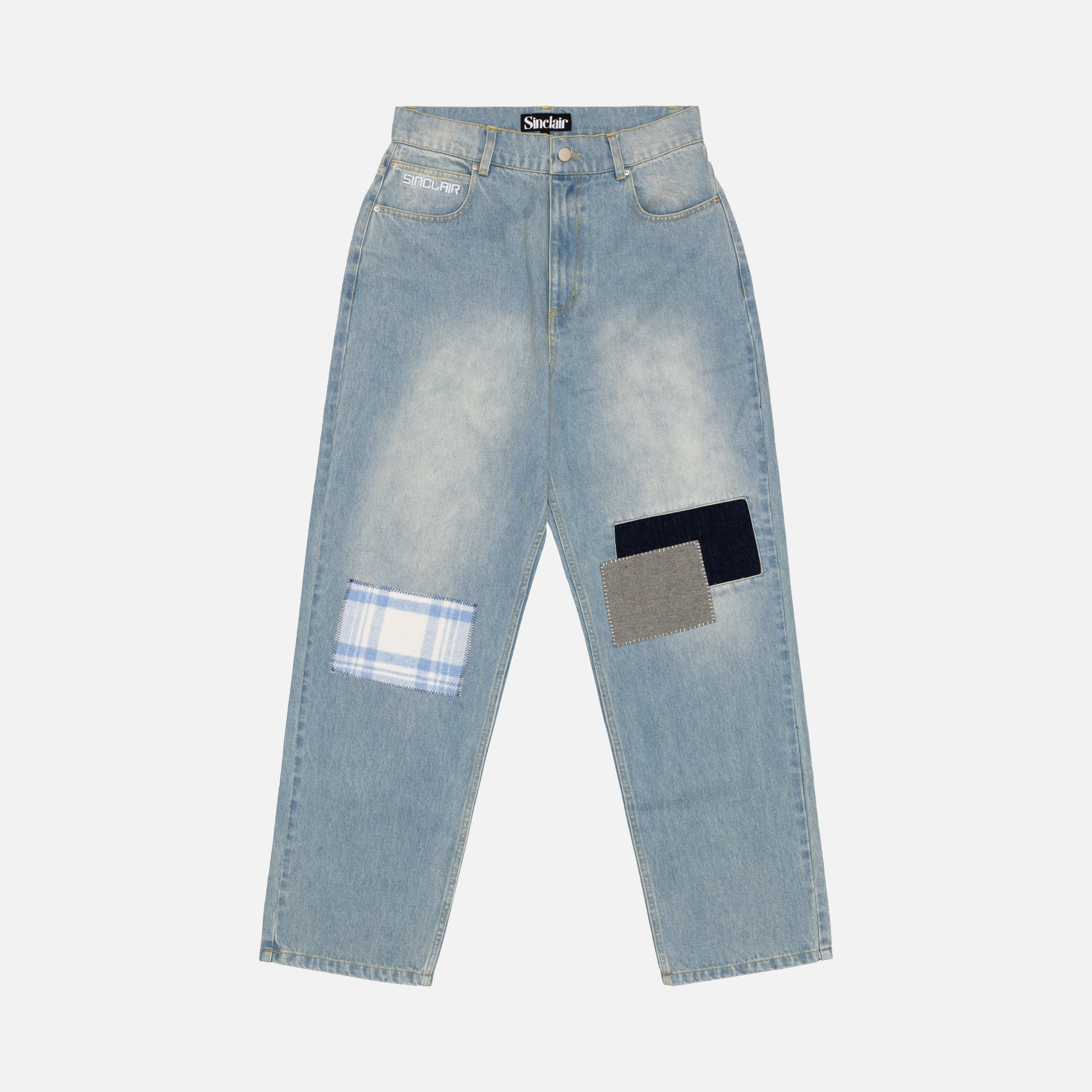 Vintage Washed Blue Denim Jeans with Country Patches - Perfect for Casual Wear, Street Style & Outdoor Adventures