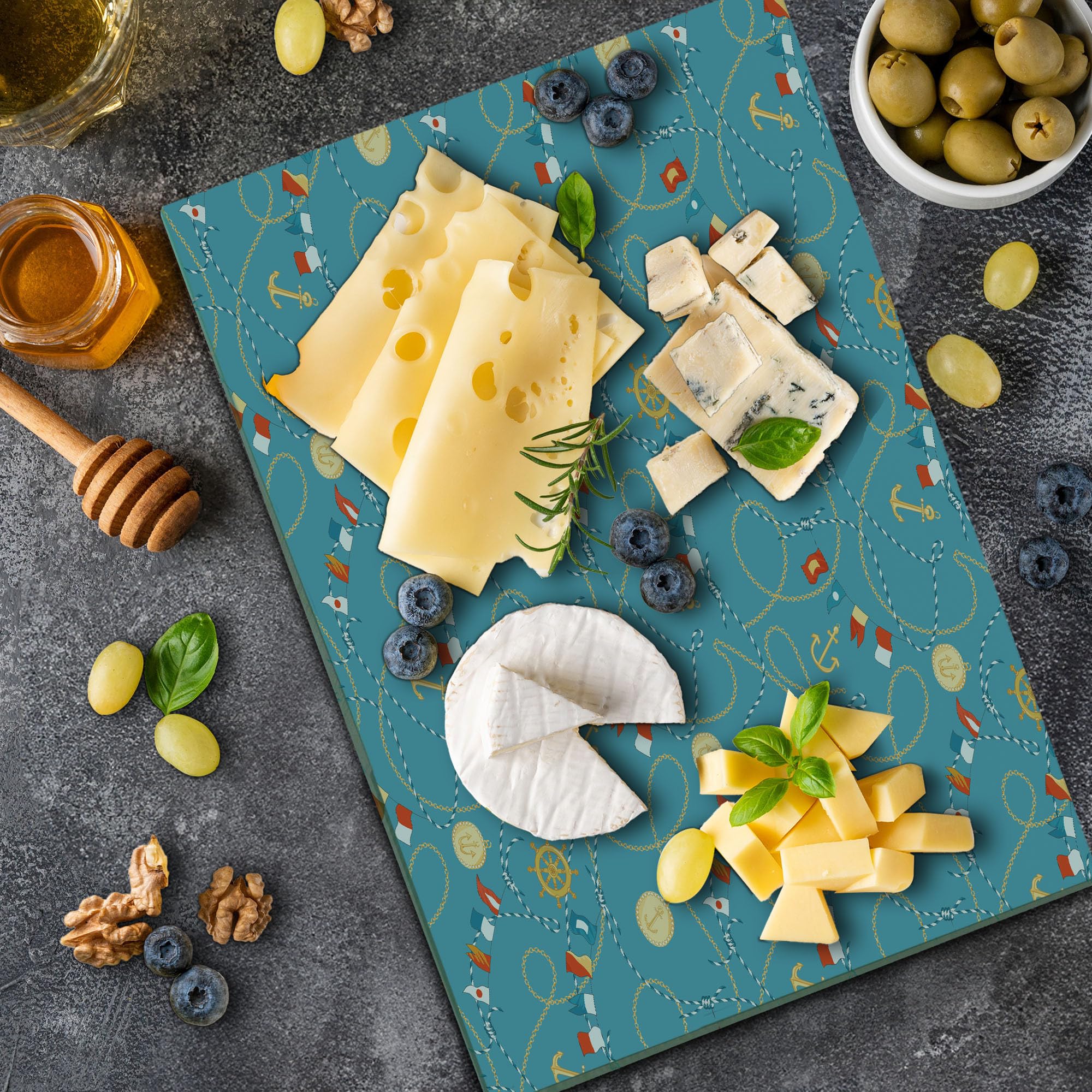 Ambesonne Blue Nautical Themed Cutting Board - Sailor Anchor Medals Chains Flags Steering Wheel Design - Tempered Glass Serving & Chopping Board - Large Size (Cadet Blue/Beige) - Perfect for Kitchen Prep, Charcuterie Display & Coastal Home Decor