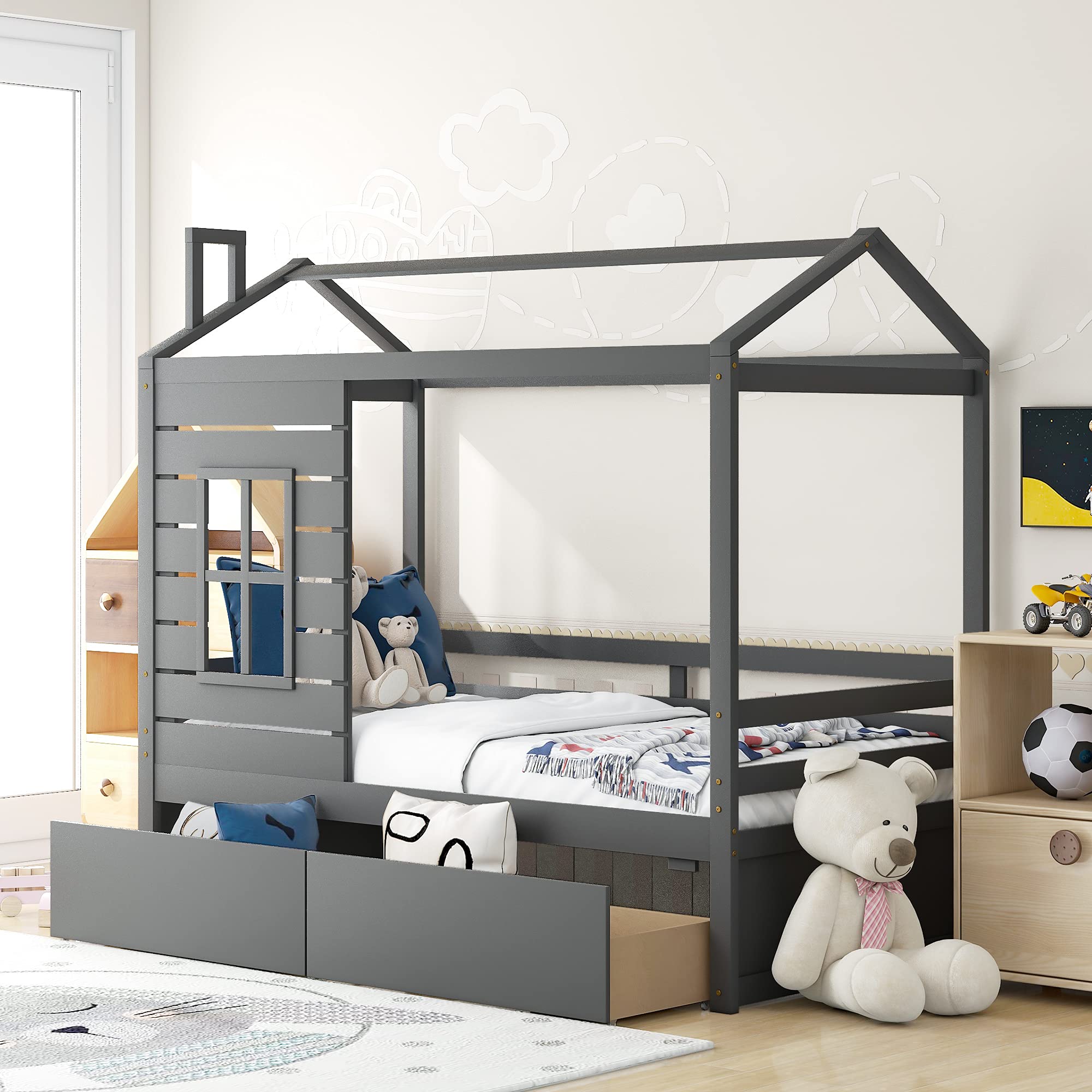 Quarte House Bed Low Daybed for Kids - Twin Size Wood Floor Bed Frame with 2 Drawers & Window, No Box Spring Needed - Grey Modern Tent Bed for Bedroom, Playroom & Nursery (Twin Size)