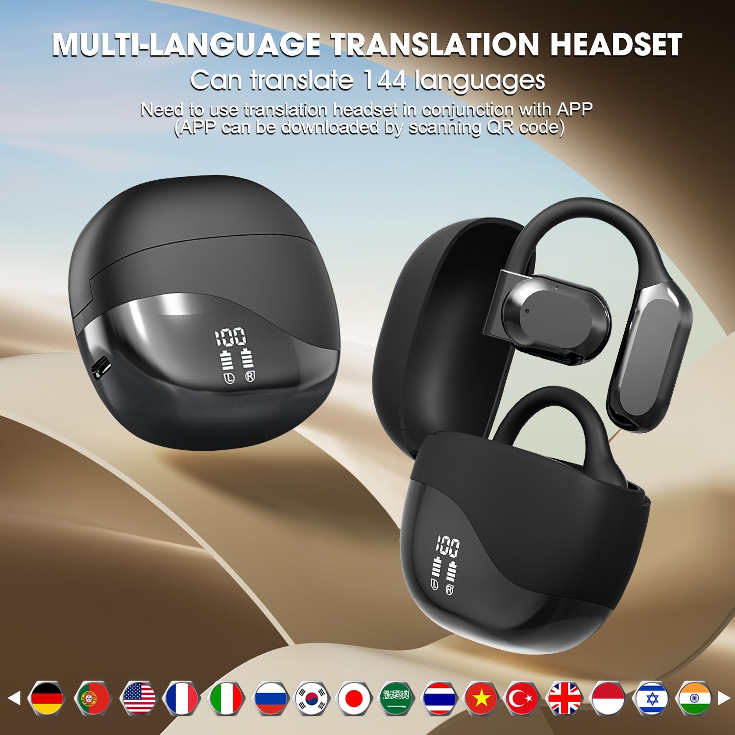 2025 AI Real-Time Language Translator Earbuds - Open Ear Wireless Bluetooth Earbuds with 144 Language Translation for iOS & Android (Black) | Perfect for Travel, Business Meetings & Multilingual Conversations
