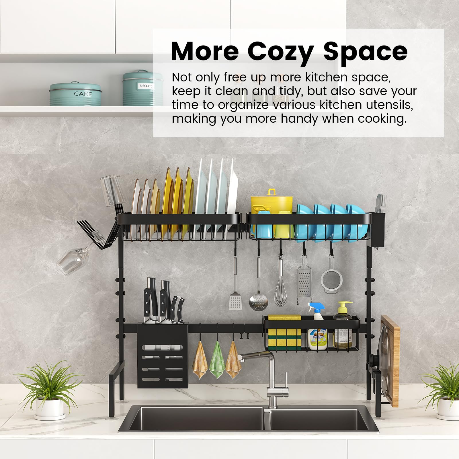 MERRYBOX 2-Tier Adjustable Stainless Steel Over The Sink Dish Drying Rack (25.6-33.5in) with Cutting Board Holder - Space Saving Kitchen Counter Organizer for Dishes, Utensils & Cookware - Perfect for Small Kitchens, Apartments & RV Use