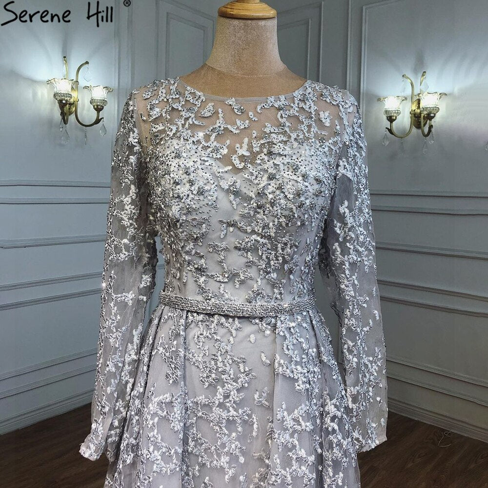 Elegant Muslim Grey A-Line Evening Dress with Lace & Beading - Luxury Women's Gown for Wedding, Party & Special Occasions - Serene Hill Collection LA71211