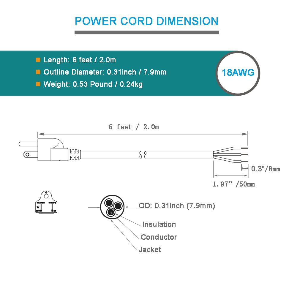 Heavy Duty 6ft 3 Prong Power Cord Pigtail - 18AWG SJT Replacement Cable with NEMA 5-15P Male Plug (10A, 1250W at 125VAC) for Garbage Disposal, Dishwasher & Appliance Wiring - Open End Design for Easy Installation