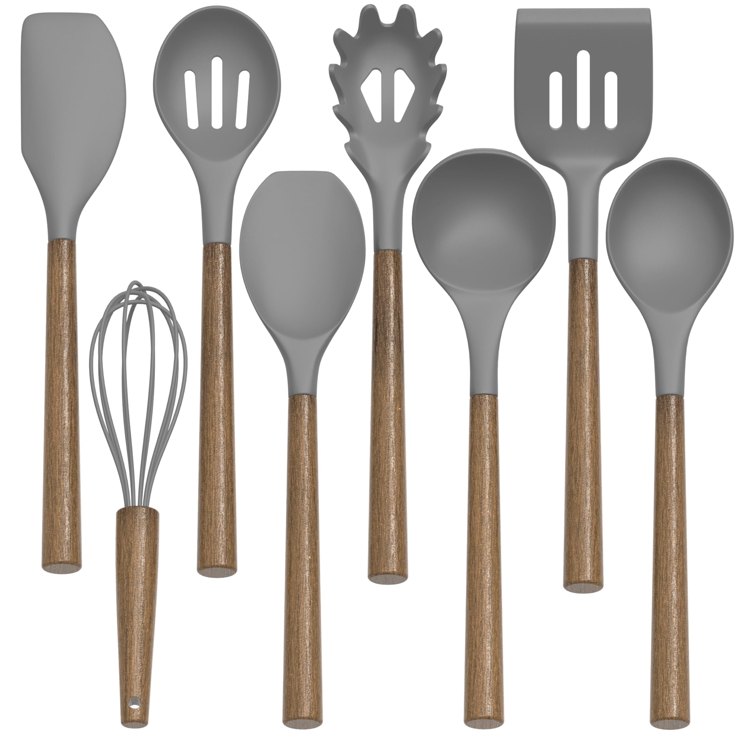 9Pcs Silicone Kitchen Utensil Set with Wooden Handle - Heat Resistant for Nonstick Cookware - Perfect for Baking & Cooking