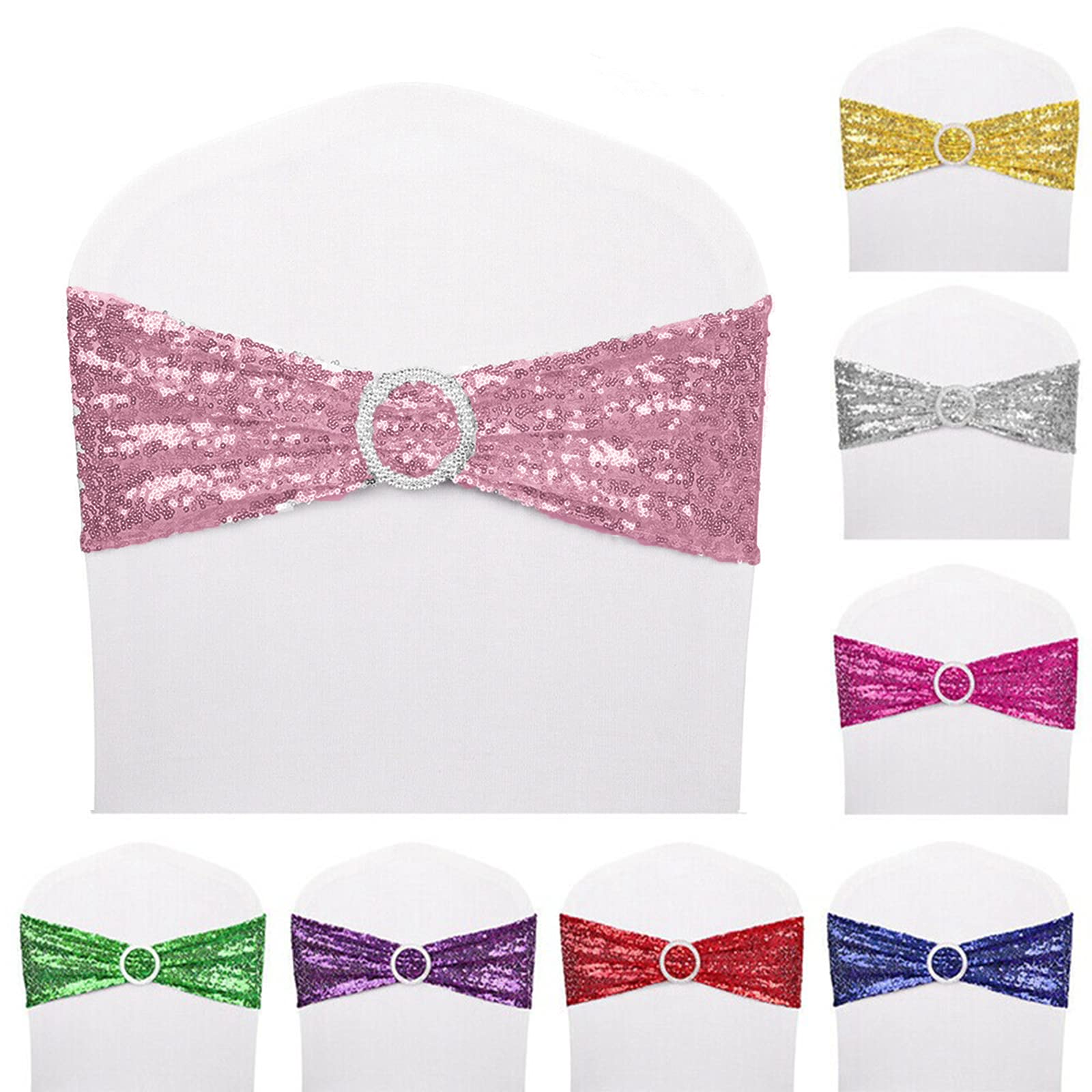 10 PCS Stretch Sequin Chair Sashes - Elastic Spandex Bands for Wedding, Reception, Banquet & Party Chair Decorations (Pink) - Perfect for Bridal Showers, Birthday Parties & Special Events