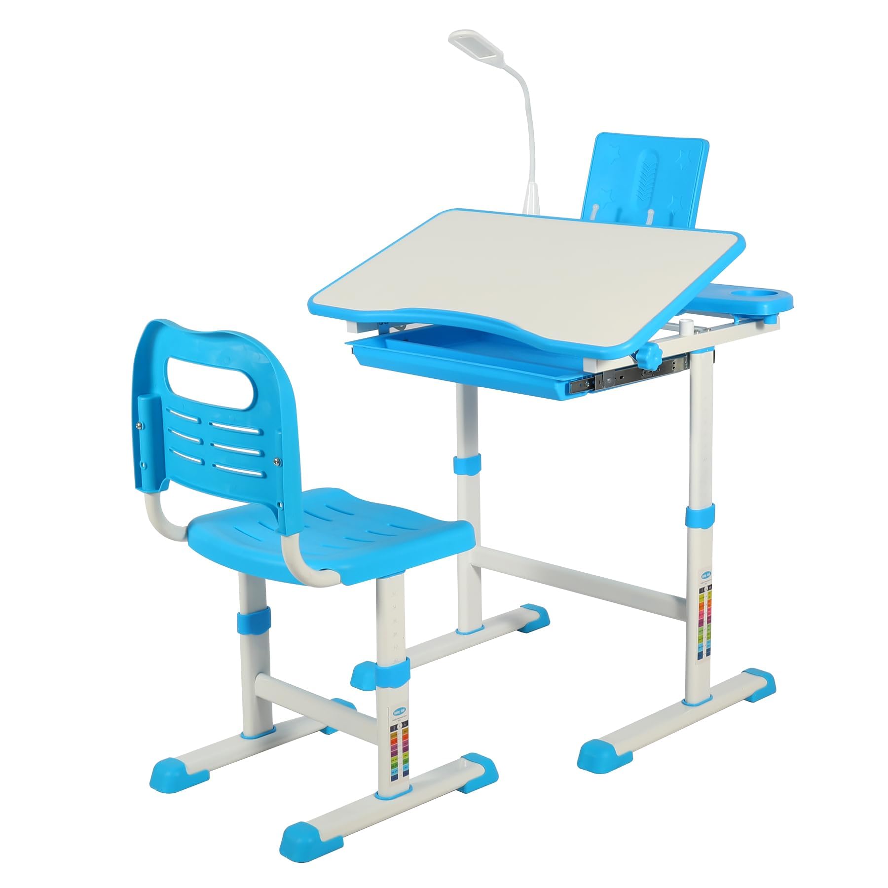 Adjustable Kids Desk and Chair Set - Ergonomic Study Table for Children with Book Stand, Drawer & LED Light - Perfect for Home Schooling, Online Learning & Art Activities (Blue)