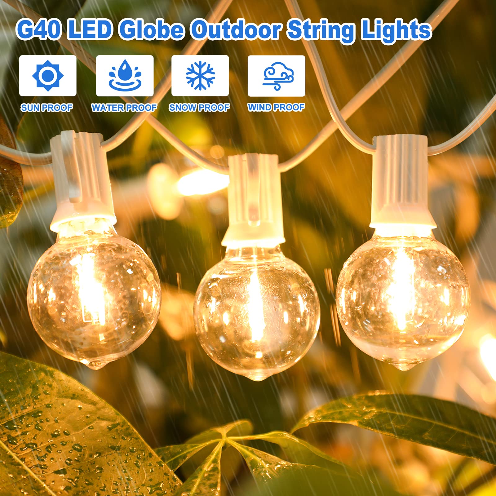 100ft 2-Pack Outdoor G40 LED Globe String Lights - Dimmable Shatterproof Waterproof Light Strings with 52 Bulbs - Connectable Commercial Hanging Lights for Patio, Balcony, Backyard, Party, Wedding & Christmas Decor (White Wire)
