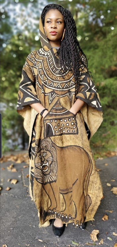 Lion King Mud Cloth Hoodie Agbada Robe - African Print Pullover with Hood - DPMC4016W - Perfect for Cultural Events, Cosplay, and Unique Fashion Statements