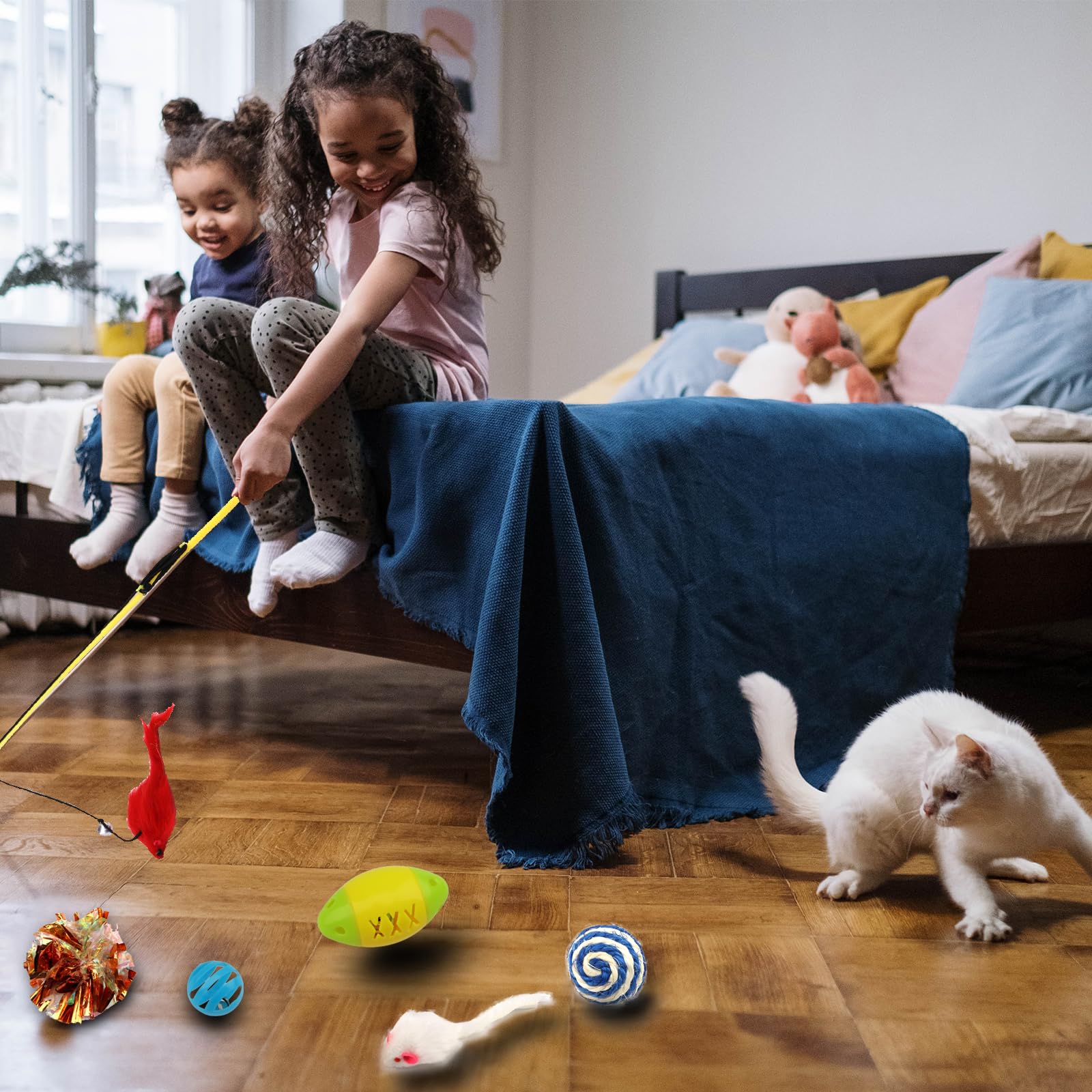 QUOZUO 32-Pack Cat Toys Variety Set - Jingle Balls, Feather Wands, Crinkle Mice & Catnip Toys for Indoor Cats & Kittens - Perfect for Playtime, Training & Bonding with Your Feline Friend