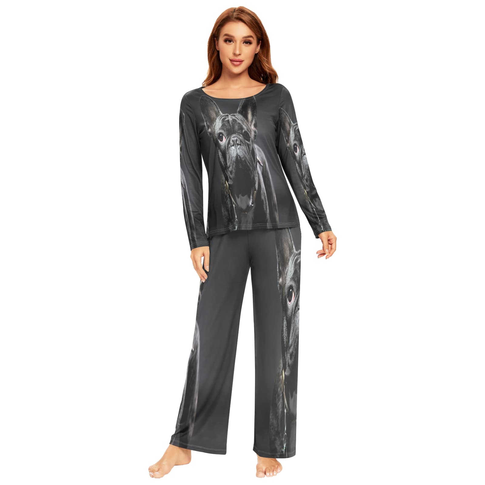 French Bulldog Print Black Pajama Set for Women - 2-Piece Long Sleeve Sleepwear & Lounge Outfit | Cozy Nightwear for Relaxing at Home or Sleepovers