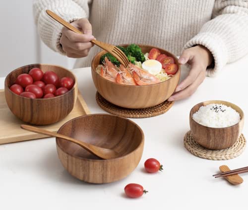 Handmade Acacia Wood Salad Bowls Set of 2 - 7.1/7.9 Inches for Fruits, Snacks & Home Decor