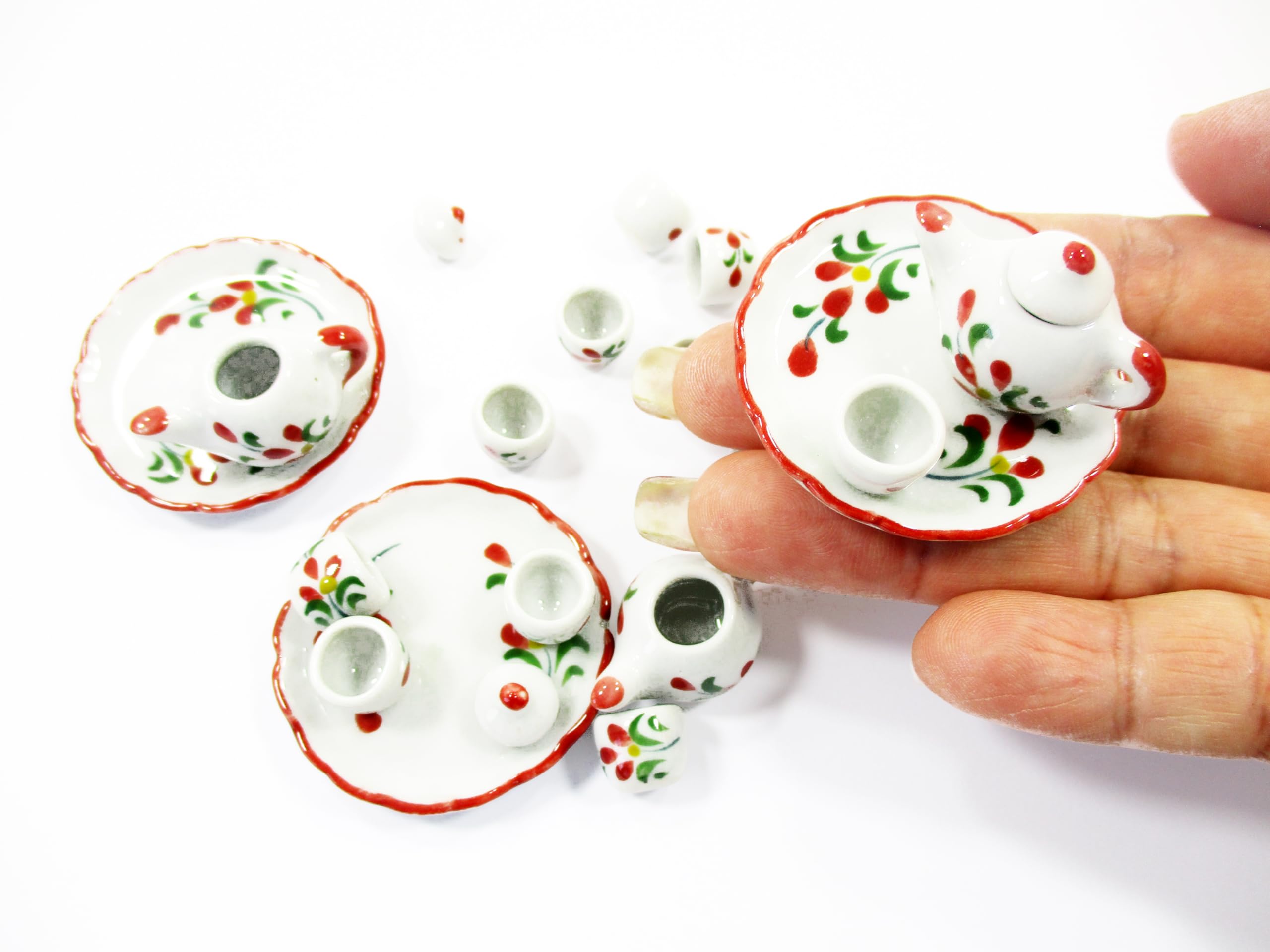 Miniature Ceramic Red Orchid Tea Cup and Teapot Set - Perfect for Dollhouse Decor, DIY Crafts, and Collectible Displays | Elegant Tea Party Accessories for Miniature Scenes