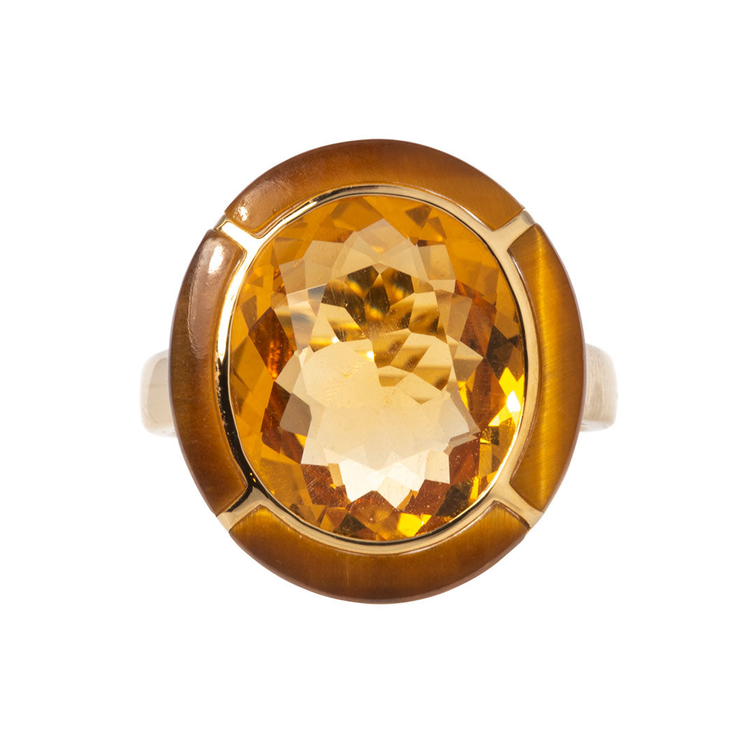 Goshwara 18K Gold Ring with Oval Citrine & Tiger's Eye Inlay – Elegant Jewelry for Women, Perfect for Weddings, Parties & Special Occasions