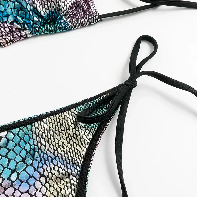 Shiny Fish Scale Halter Triangle Bikini Set - Women's Micro Thong Swimwear, Sexy Swimsuits for Beach & Pool Party | Biquinis Mujer for Summer Vacation & Tropical Getaways