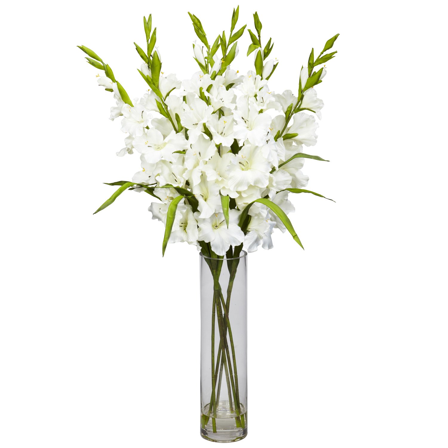 Nearly Natural 1240-WH Large White Gladiola Silk Flower Arrangement with Cylinder Vase - 42