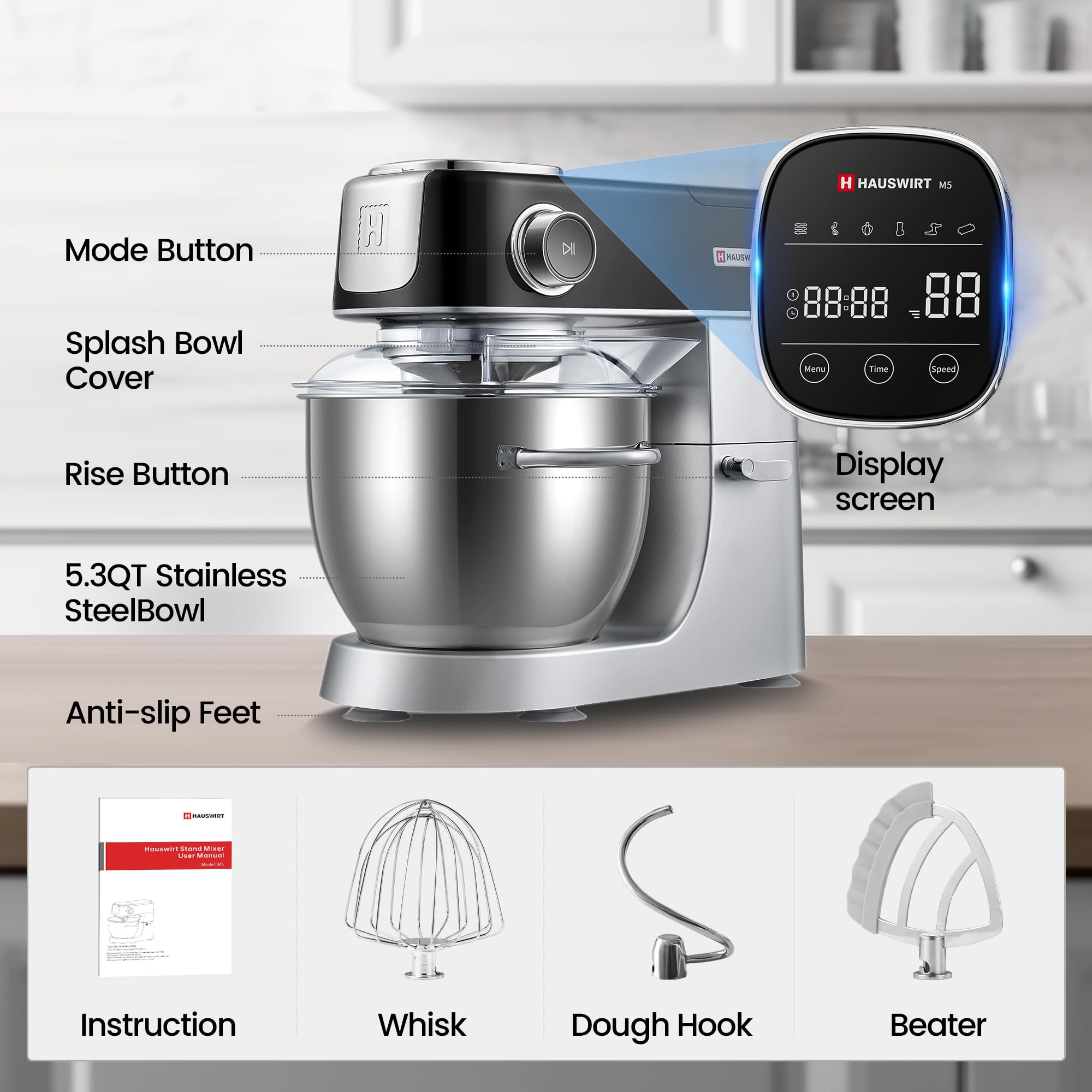 Hauswirt M5 Premium Smart Stand Mixer - 5.3Qt Kitchen Electric Mixer with LED Touchscreen, 11 Speeds, 5 Preset Menus - Includes Egg Whisk, Dough Hook & Beater - Perfect for Baking Bread, Cakes & Cookies (Black)