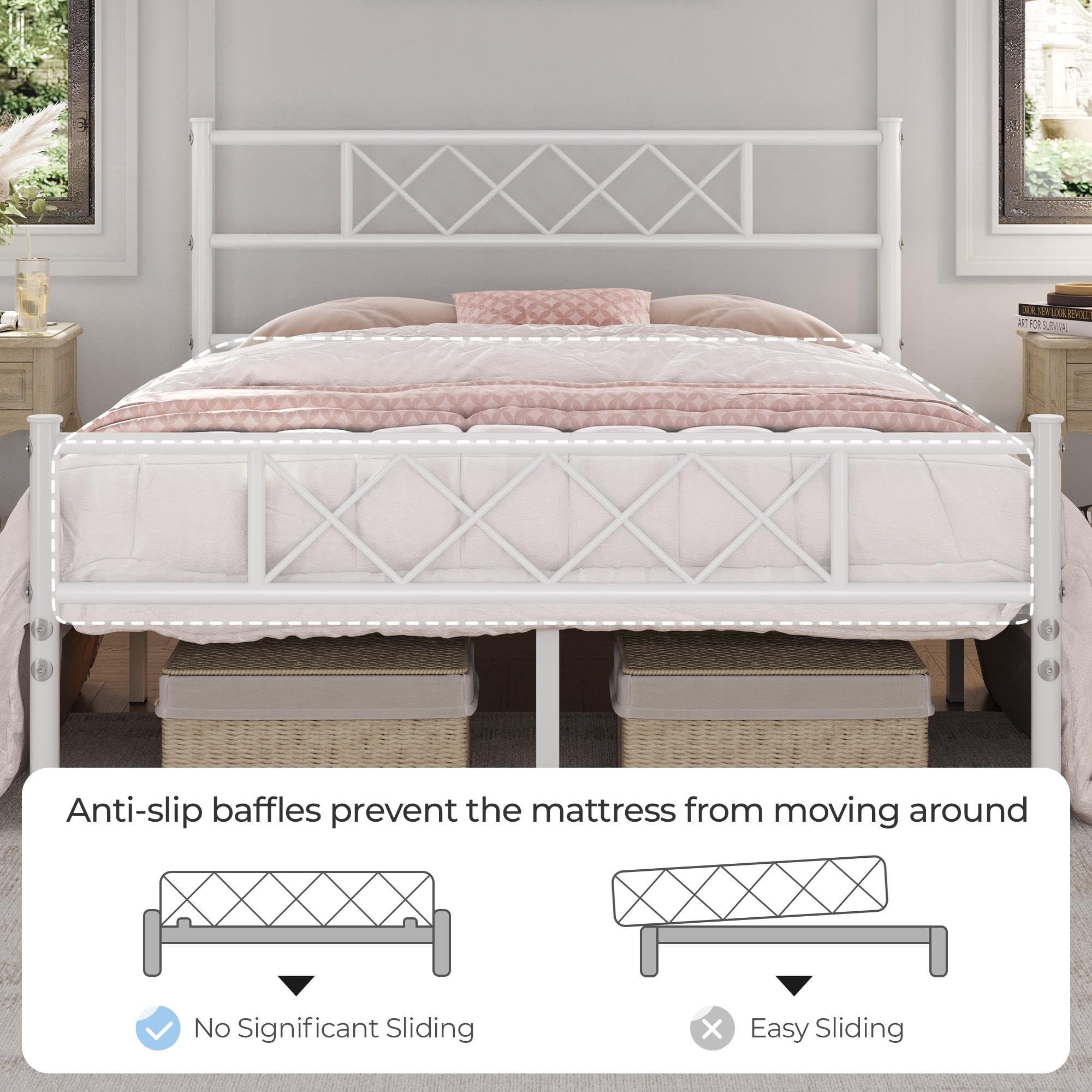 Topeakmart White Metal Queen Bed Frame with Headboard & Footboard - Sturdy Platform Bed with Slat Support & Under Bed Storage - Perfect for Master Bedroom, Guest Room, or Small Space