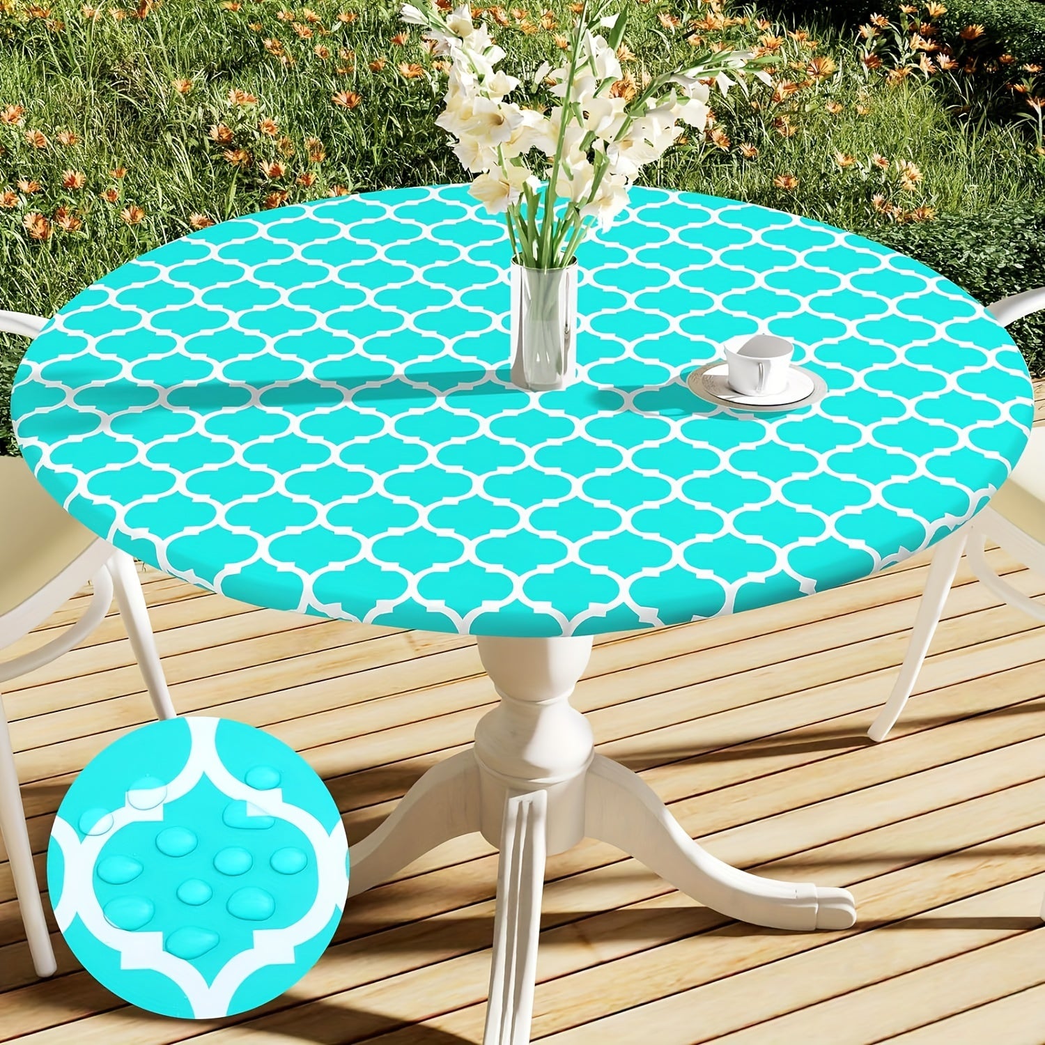 100% Vinyl Round Moroccan Tablecloth - Waterproof & Oil Proof with Flannel Backing, Elastic Edges for Indoor, Outdoor, Patio, Picnic, Camping - Perfect for Dining, BBQs, and Outdoor Gatherings