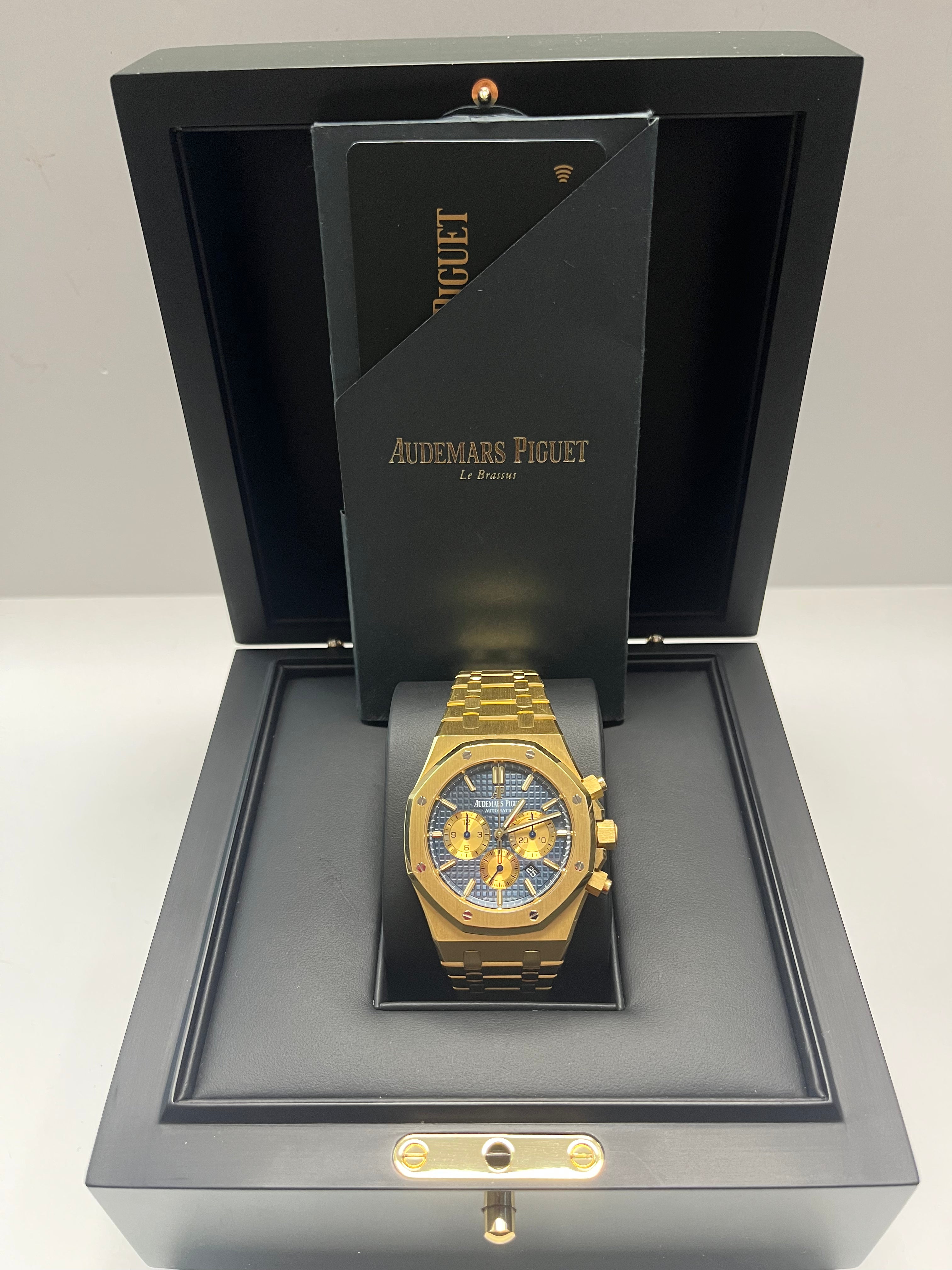 Audemars Piguet Royal Oak 41mm Selfwinding Chronograph Watch - 18k Yellow Gold Case, Blue Dial with Yellow Sub Dials (Ref 26331BA.OO.1220BA.01) | Luxury Men's Timepiece for Business, Gala & Special Occasions