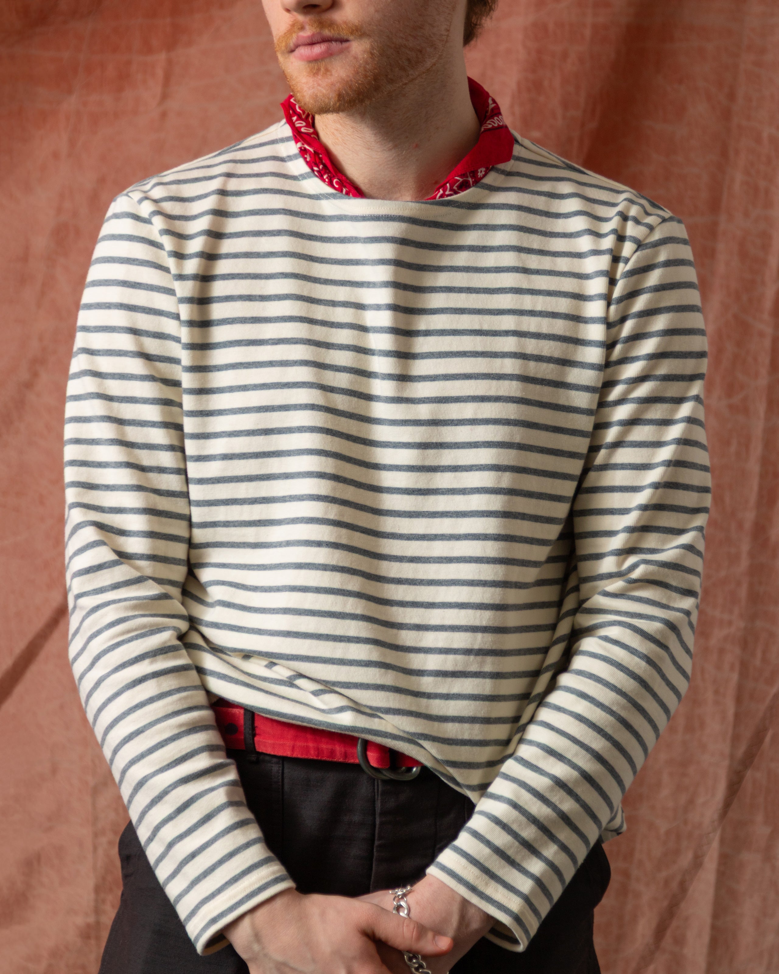 Men's Breton Stripe Boatneck T-Shirt - Off White & Heather Grey | Casual Slim Fit Cotton Top for Everyday Wear, Weekend Outings & Layering