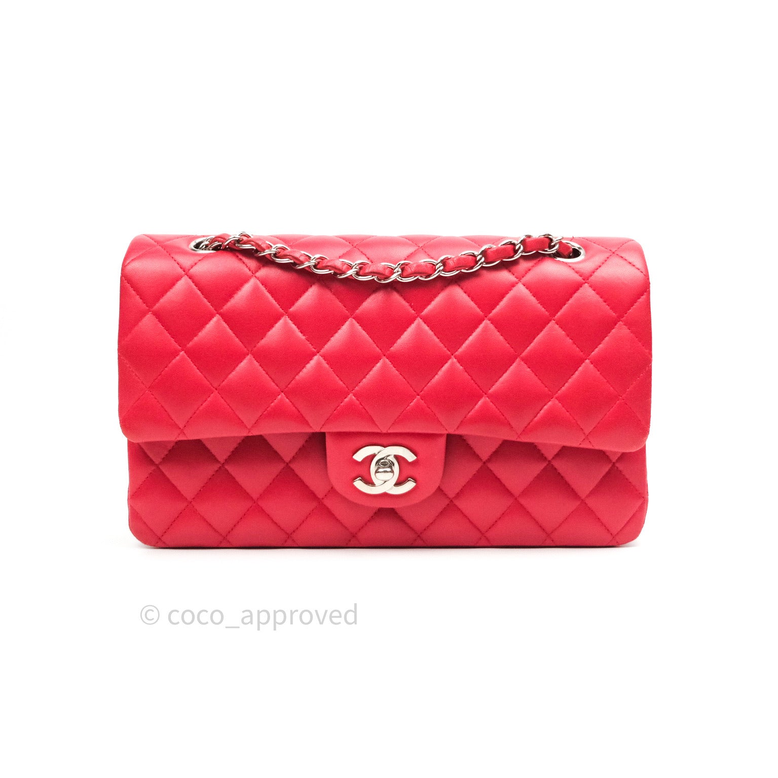 Chanel Classic Medium Double Flap Bag - Red Lambskin Leather with Silver Hardware | Luxury Handbag for Women, Perfect for Date Night & Special Occasions
