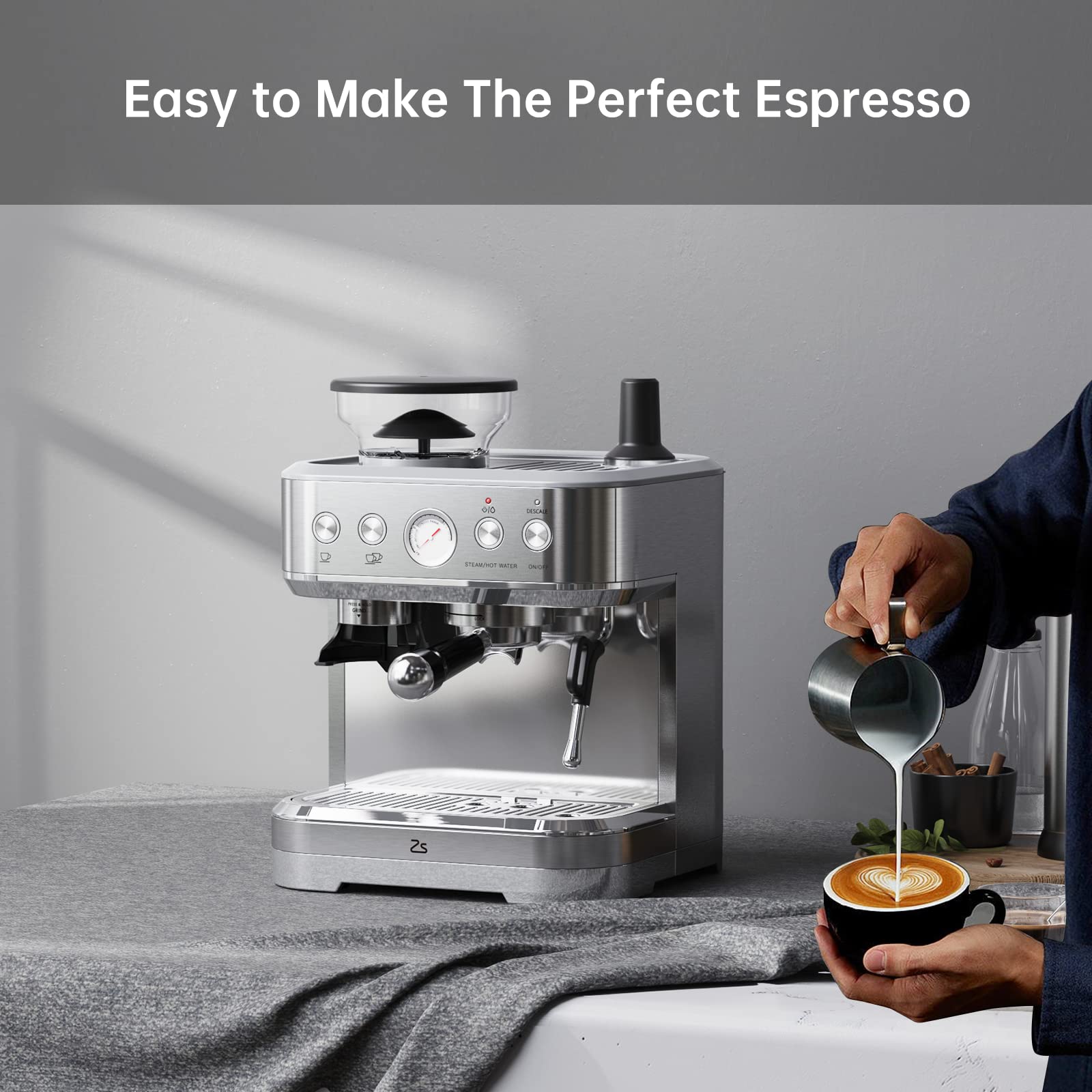20 Bar Semi-Automatic Espresso Machine with Built-in Grinder & Milk Frother - Stainless Steel Coffee Maker for Latte & Cappuccino - 95oz Large Water Tank - Perfect for Home, Office & Cafe Use