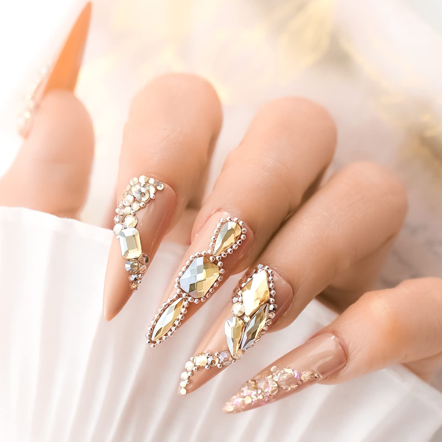 1130Pcs Champagne Gold Rhinestones for Nails - Flat Bottom Gold Diamond Nail Art Gems for Acrylic Nails, DIY Crafts | 12 Grids | Perfect for Nail Salon, Home Manicure & Jewelry Making