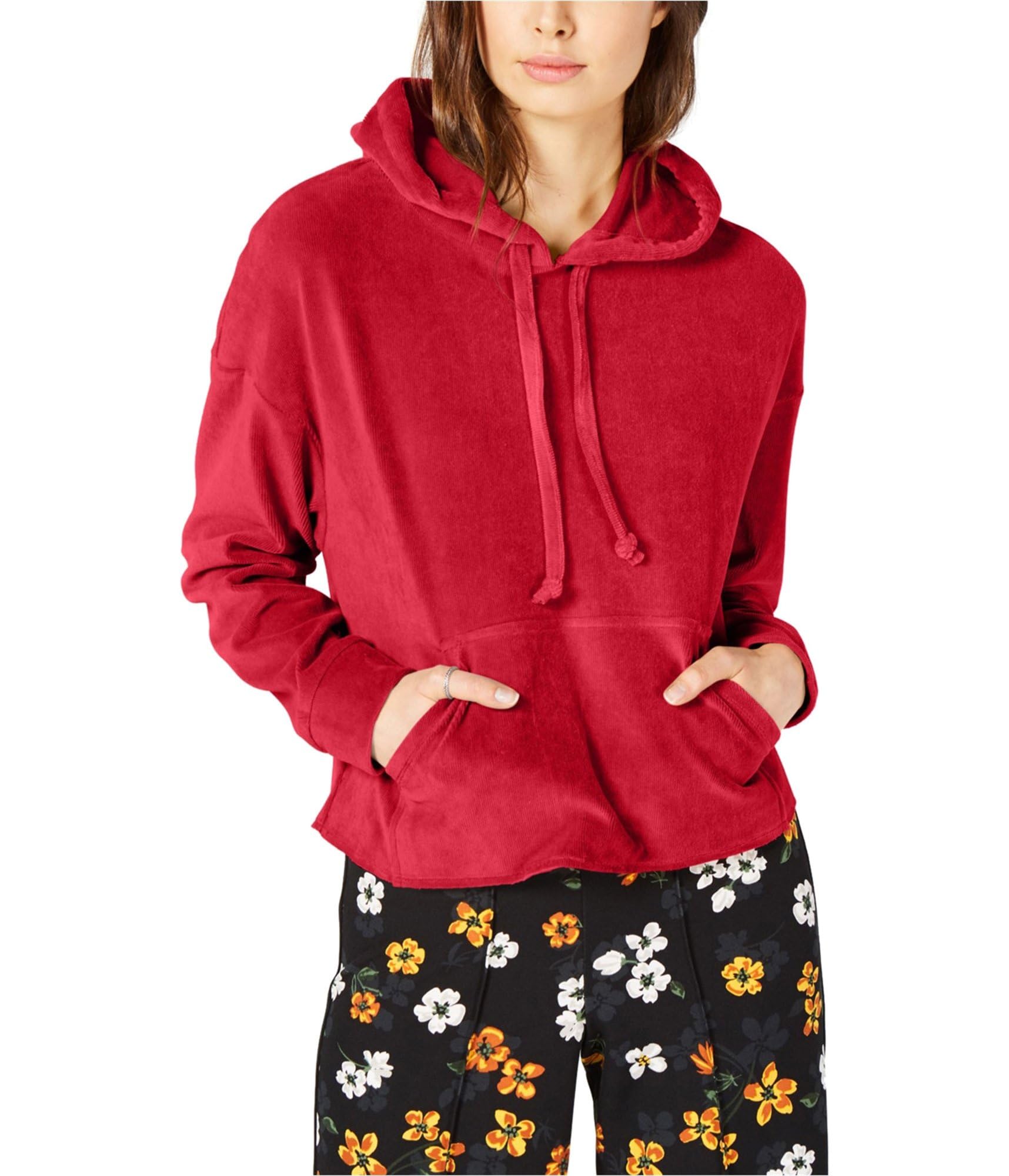 Project 28 Women's Corduroy Hooded Sweatshirt - Soft Red Pullover Jacket with Front Pockets, Size Large | Cozy Fall & Winter Fashion for Casual Outings and Layering