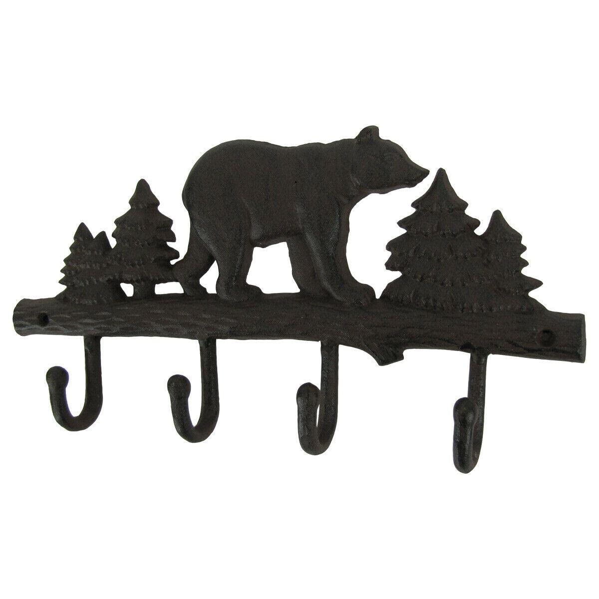 Black Bear Wall Mount Metal Hook - 4 Hooks Key Ring Organizer, Hat Holder & Coat Rack for Home Entryway, Bedroom or Garage - Durable Clothes & Accessory Organizer for Coats, Hats, Keys & More