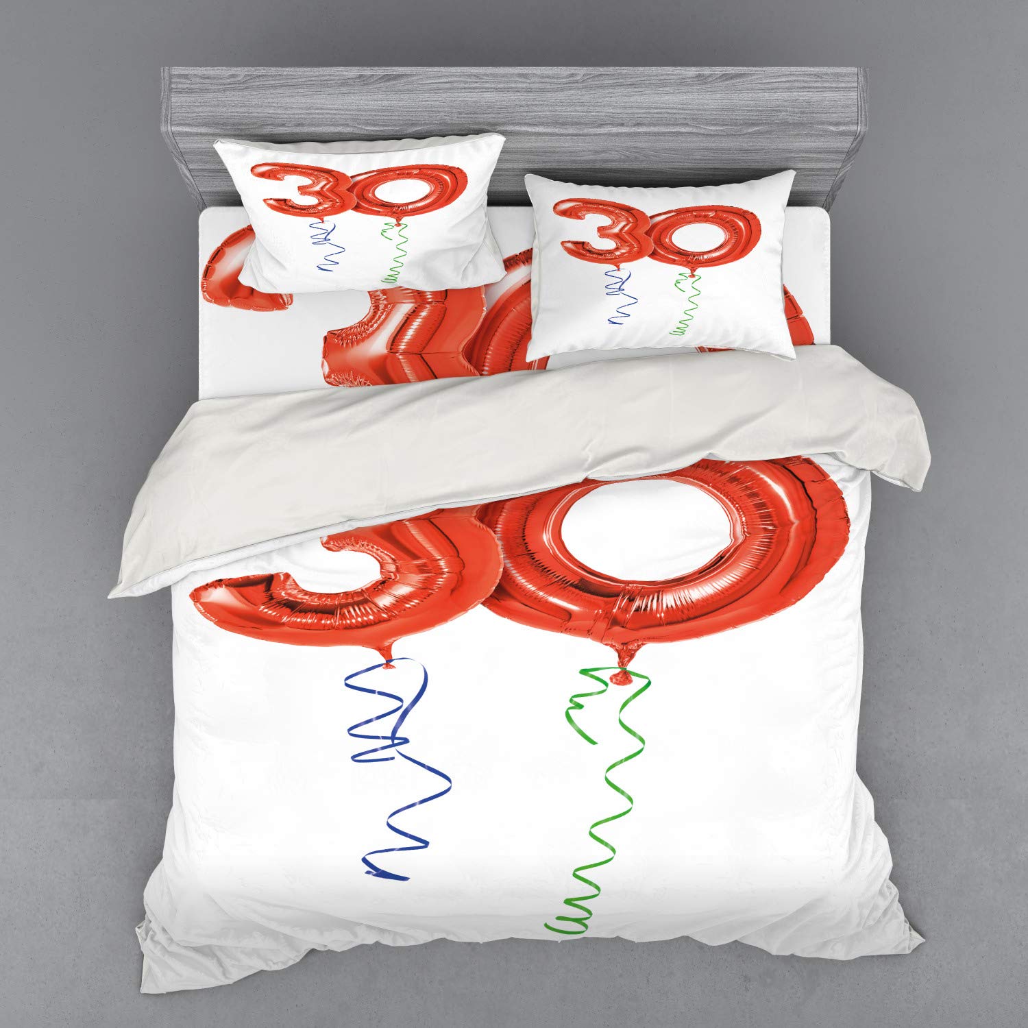 Ambesonne 30th Birthday Bedding Set - King Size 4-Piece Duvet Cover with Shams & Fitted Sheet - Red Blue Green Balloon Party Design with Swirl Ribbons - Perfect for Adult Birthday Decorations & Themed Bedroom Makeovers