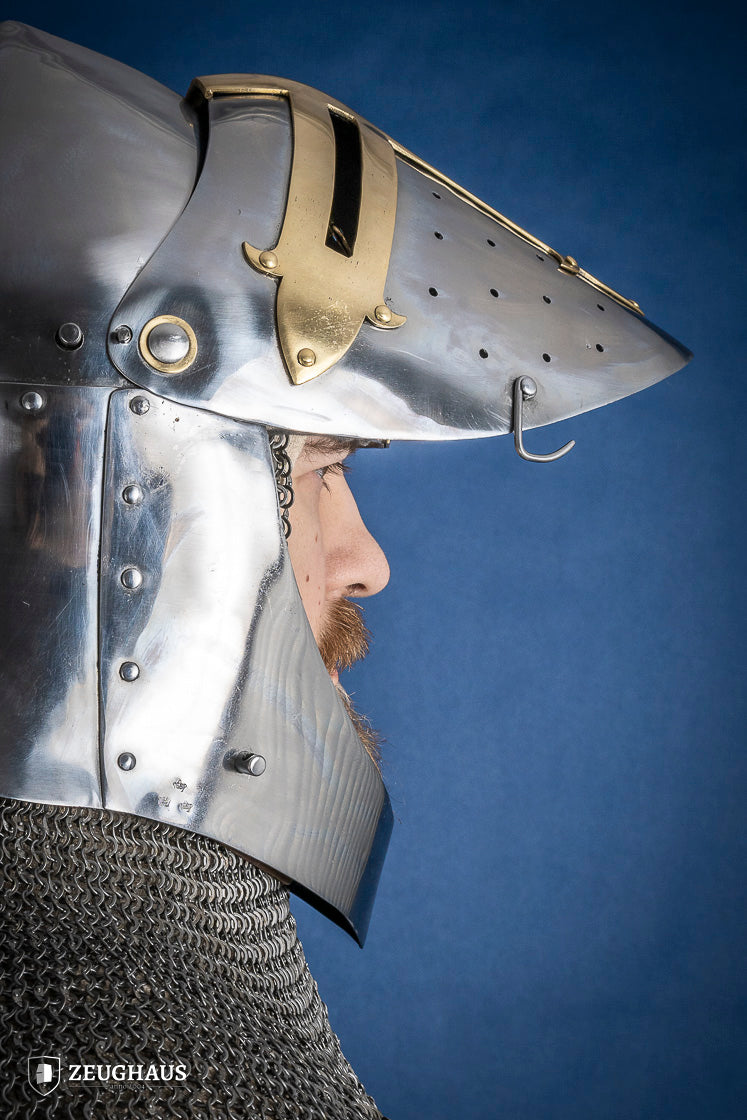 1.6mm Sugar Loaf Helmet with Brass Visor - Medieval Armor for LARP, Cosplay & Historical Reenactment