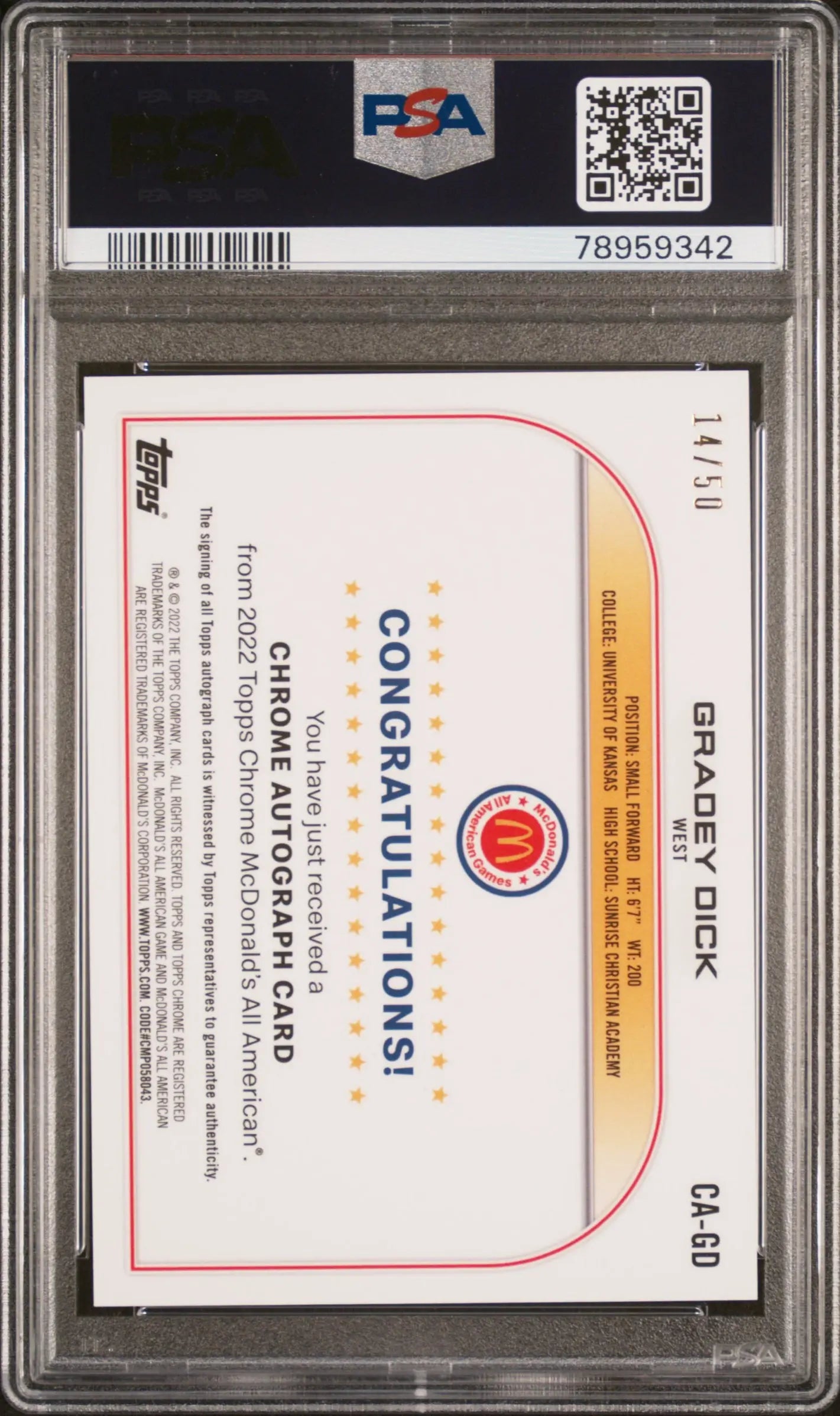 2022 Topps Chrome McDonald's All American Gradey Dick Gold Wave Auto PSA 9 /50 - Rare Basketball Trading Card for Collectors & Investors - Perfect for Sports Memorabilia Displays & Investment Portfolios