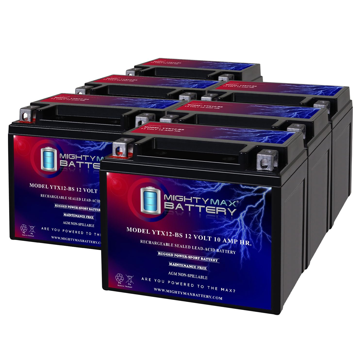 Mighty Max YTX12-BS 12V 10Ah Motorcycle Battery - 6 Pack Replacement for Triumph America 2001-2013 | Powers Cruiser Bikes, ATVs & Powersports Vehicles