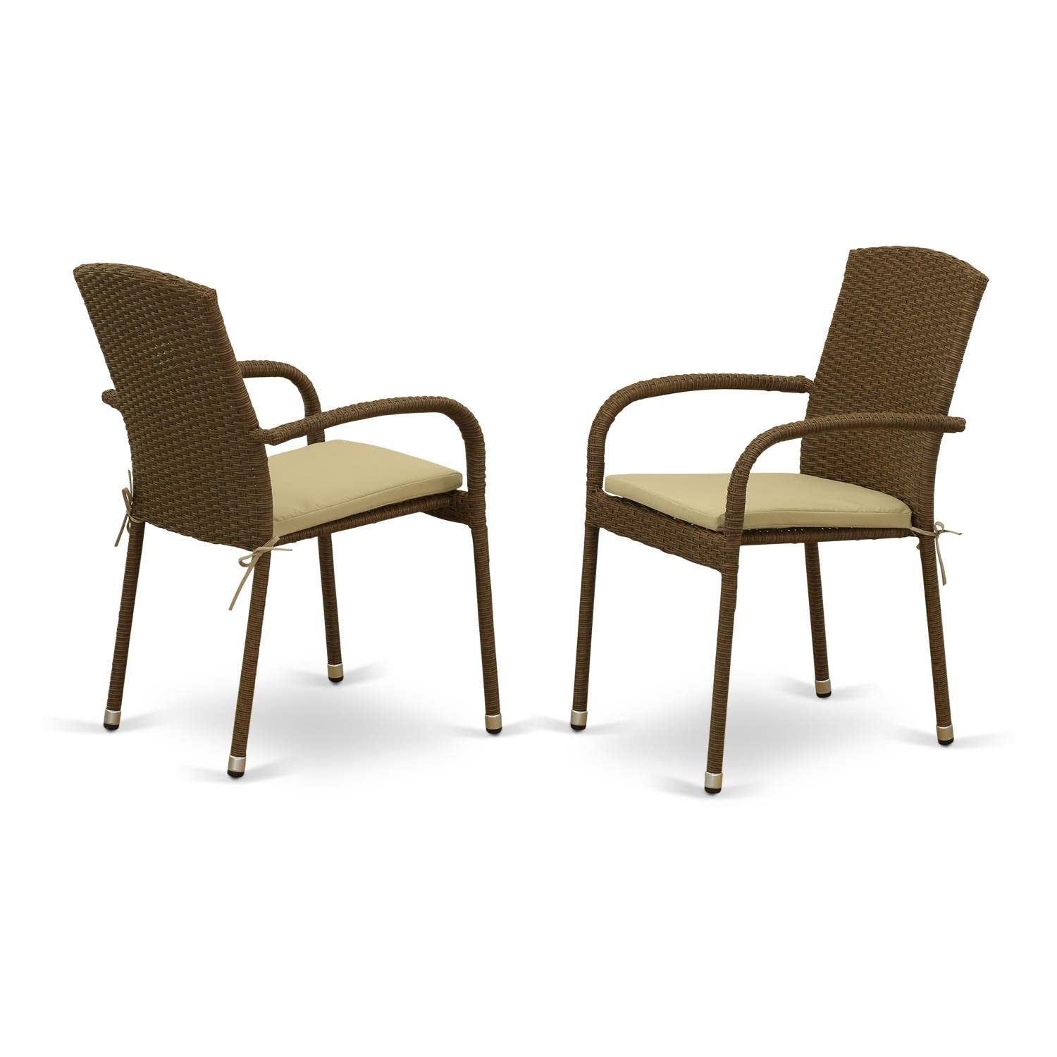 East West Furniture JULC102A Jubi Patio Bistro Wicker Dining Chairs with Cushion, Set of 2, Brown - Outdoor Garden, Balcony, Porch, and Poolside Seating for Relaxing and Entertaining