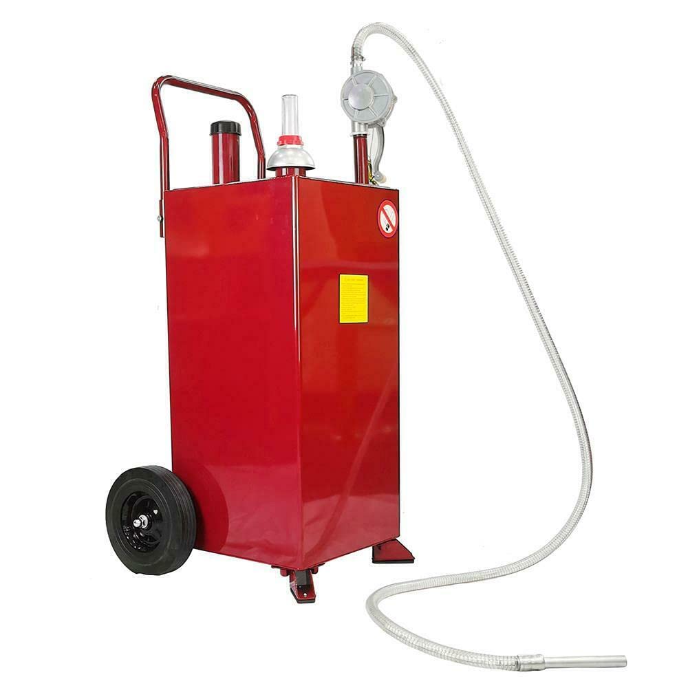 30-Gallon Portable Oil Transfer Tank with Pump & Wheels - Diesel Fuel Storage Container for ATV, Car, Mowers & Tractors - Heavy Duty Gas Caddy for Workshop, Farm & Industrial Use (Red)
