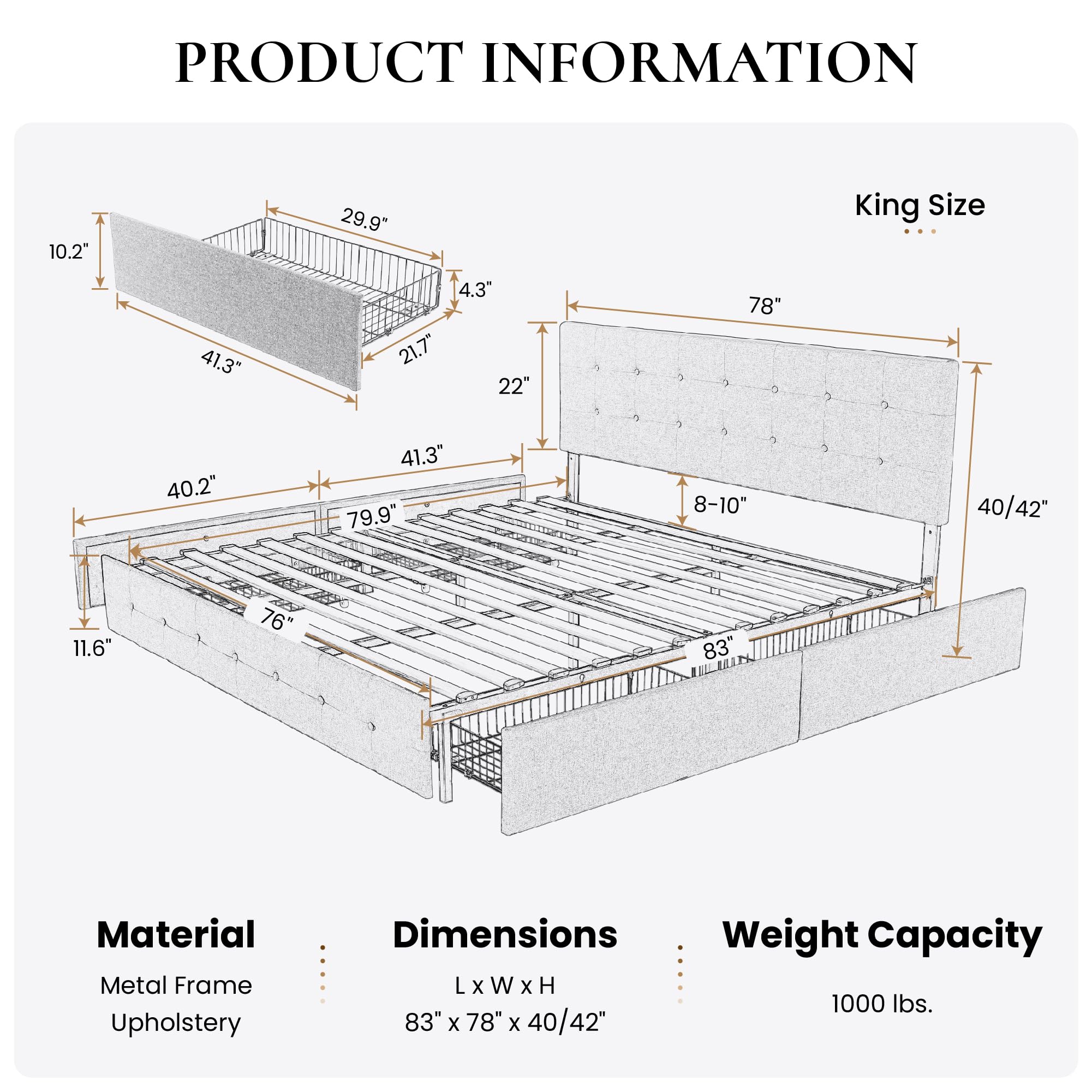 SHA CERLIN Upholstered King Size Platform Bed Frame with 4 Storage Drawers - Adjustable Headboard, Square Stitched Button Tufted Design & Wooden Slat Support - No Box Spring Needed - Light Grey - Perfect for Master Bedroom, Guest Room & Small Space Storage Solutions