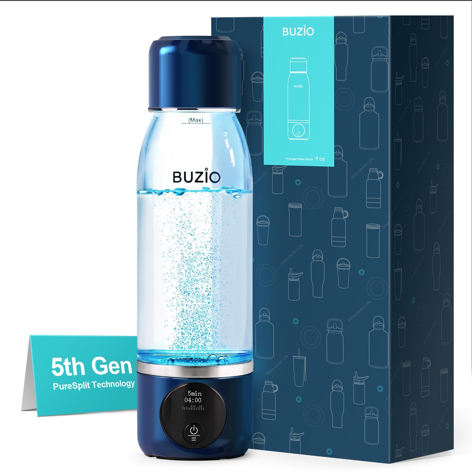 BUZIO 3800ppb Hydrogen Water Bottle Generator with Gen5 SPE/PEM Technology - Portable Alkaline Water Bottle for Athletic Performance, DuPont Membrane & OLED Display - Perfect for Gym, Hiking and Daily Hydration
