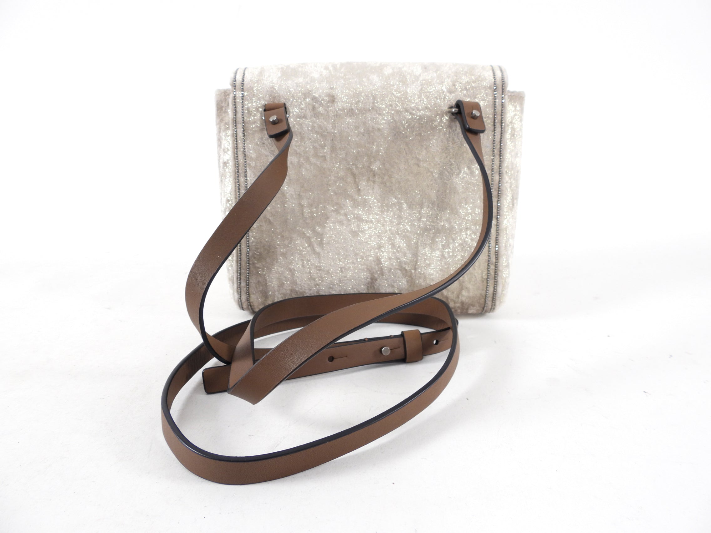 Brunello Cucinelli Ivory Velvet Crossbody Bag for Women - Luxury Small Shoulder Purse with Monili Detailing, Perfect for Evening Events & Daily Use