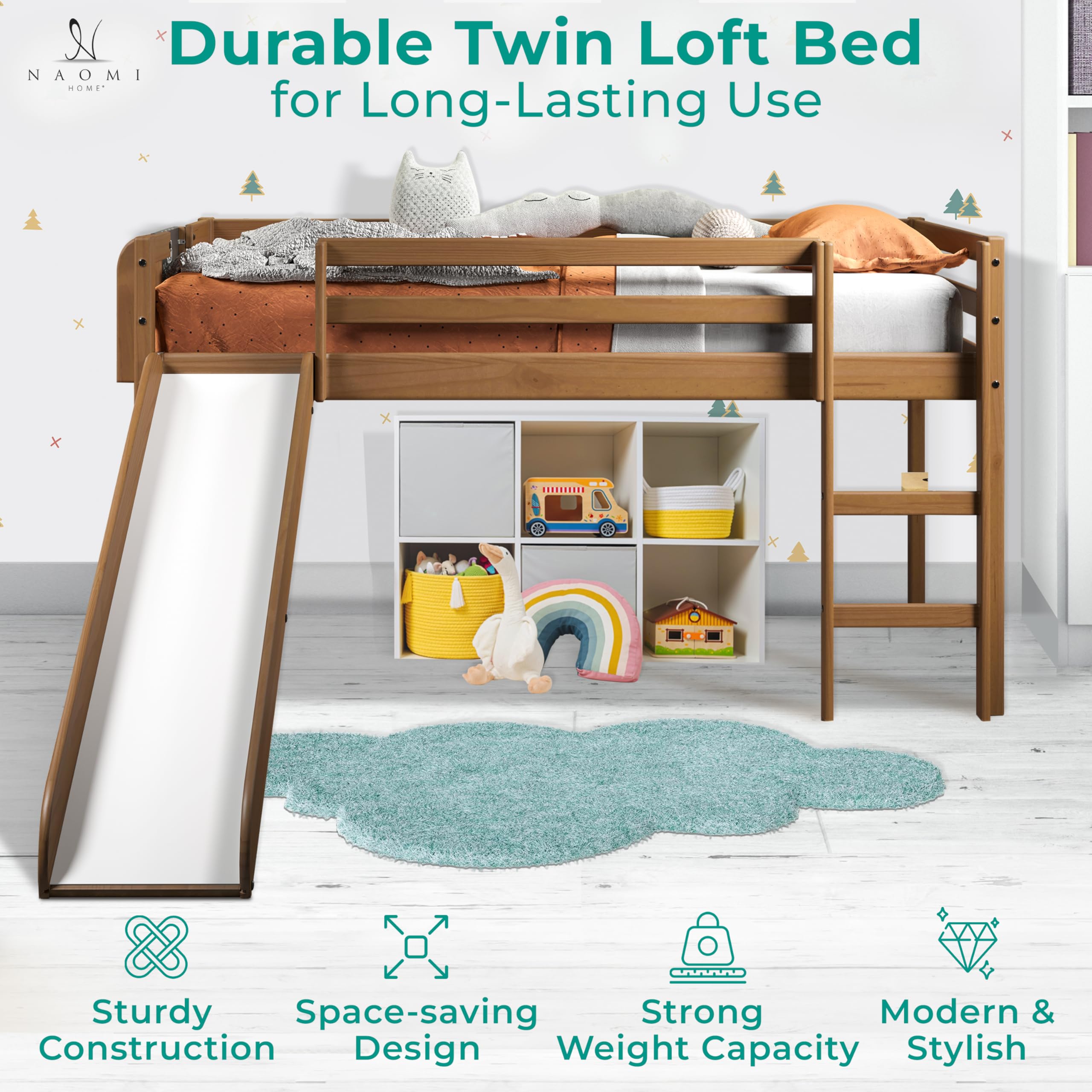 Naomi Home Cindy Twin Loft Bed with Slide - Solid Wood Toddler & Kids Bed with Ladder, Chalkboard - Space Saving Bed Frame for Boys & Girls (Latte Finish) | Perfect for Small Rooms, Playrooms & Shared Kids' Bedrooms