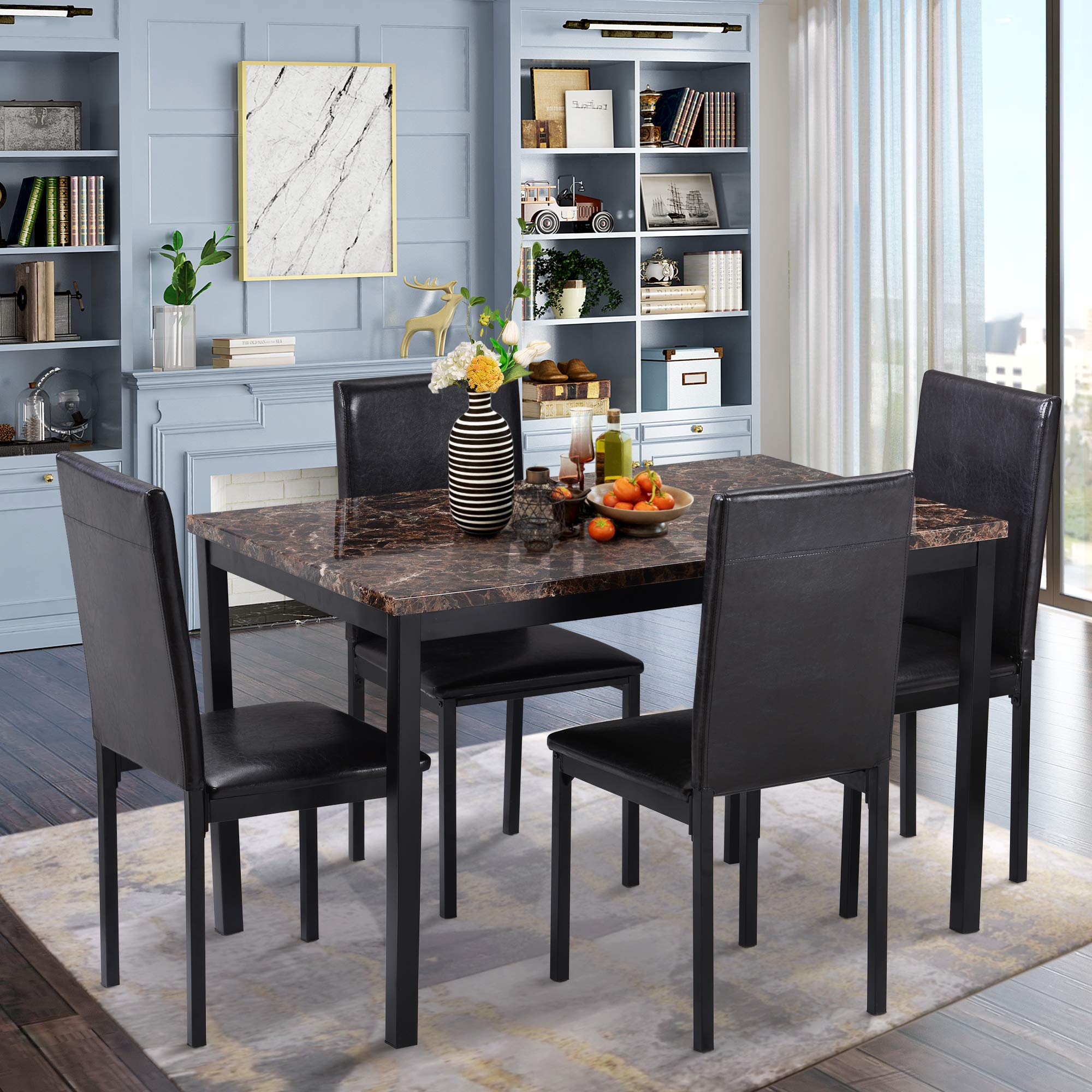 Merax 5-Piece Wood Dining Table Set with Rectangle Paper Marbling Design & 4 Upholstered Chairs - Perfect for Kitchen, Apartment, and Small Space Dining