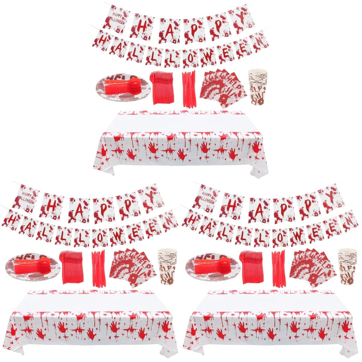 3 Sets Halloween Haunted House Party Supplies - Disposable Bloody Handprint Plates, Forks, Spoons, Napkins, Tablecloth & Cup Banner for Spooky Decorations | Perfect for Halloween Parties, Haunted House Events & Themed Dinners