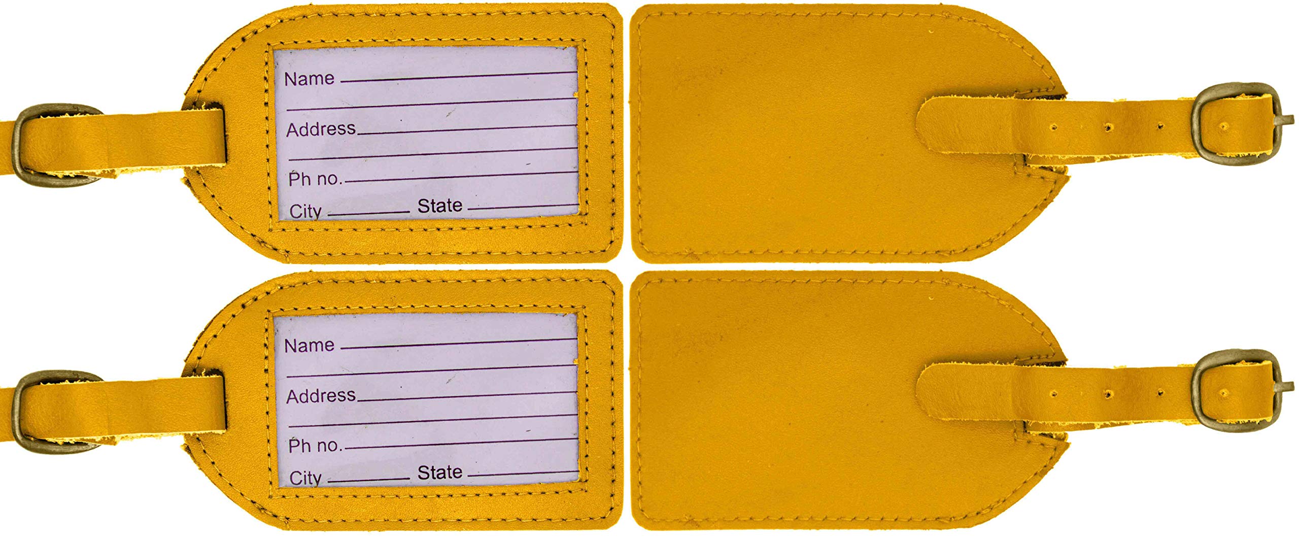 Premium Genuine Cowhide Yellow Leather Luggage Tags (4-Pack) - Durable Suitcase ID Tags for Travel, Business Trips & Vacation - Perfect for Airlines, Cruise Ships & Backpacking