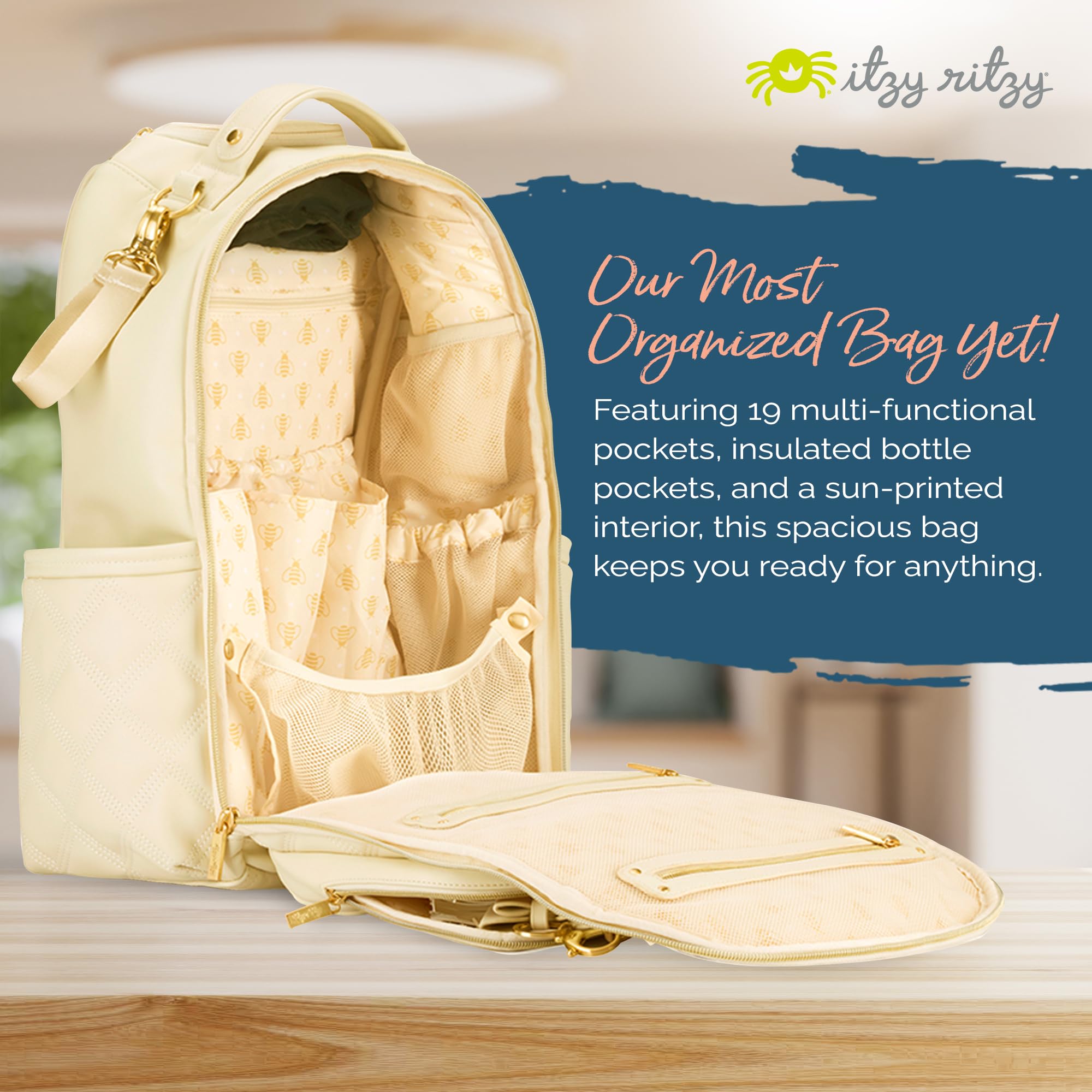 Itzy Ritzy Diaper Bag Backpack - Large Capacity Baby Backpack with 19 Pockets, Changing Pad & Stroller Clips | Comfortable Straps for Moms | Perfect for Travel, Daycare & On-the-Go Parenting (Milk & Honey)