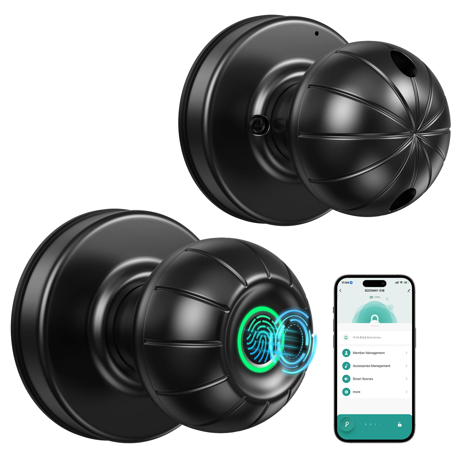 Smart Fingerprint Door Lock with App Control & Key - Keyless Entry Door Knob for Home, Office, Garage, Bedroom - Secure Touchless Access for Modern Living
