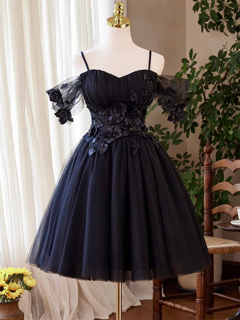 Elegant A-Line Sweetheart Neck Tulle Flower Black Short Prom Dress | Homecoming Party Dress | Perfect for Prom Night, Homecoming Dance & Formal Events