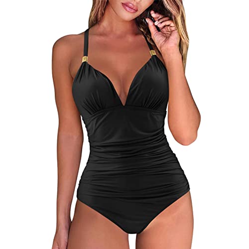 Women's V-Neck One Piece Swimsuit with Tummy Control & Ruched Design - Halter Bathing Suit for Women - Black Bikini Underwear - Perfect for Beach Vacations, Pool Parties & Summer Getaways