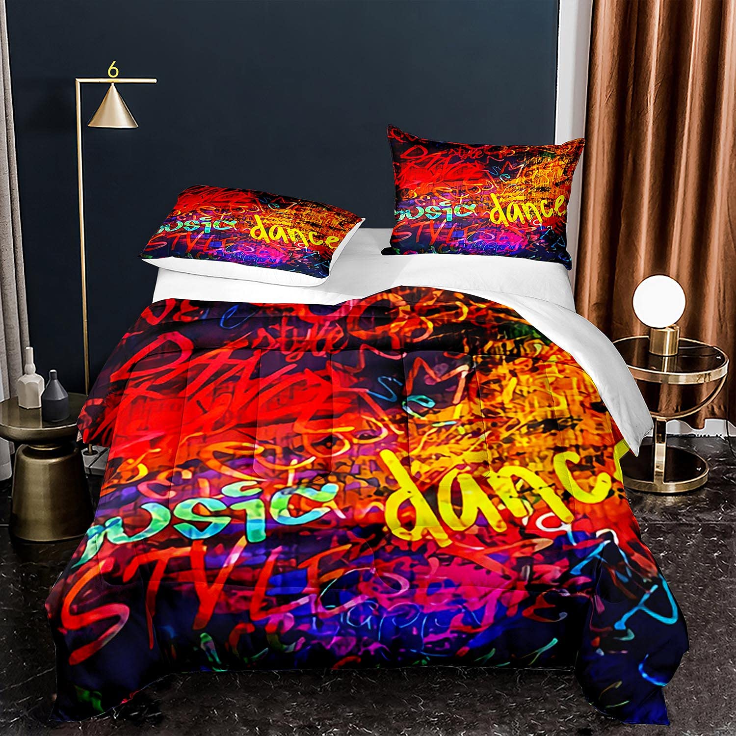 Lianai Graffiti Full Size 3-Piece Comforter Set - Cool Rock Music & Hip Hop Street Culture Bedding (1 Comforter + 2 Pillow Shams) for Teen & Adult Bedrooms, Dorm Room Decor, Urban Style Home