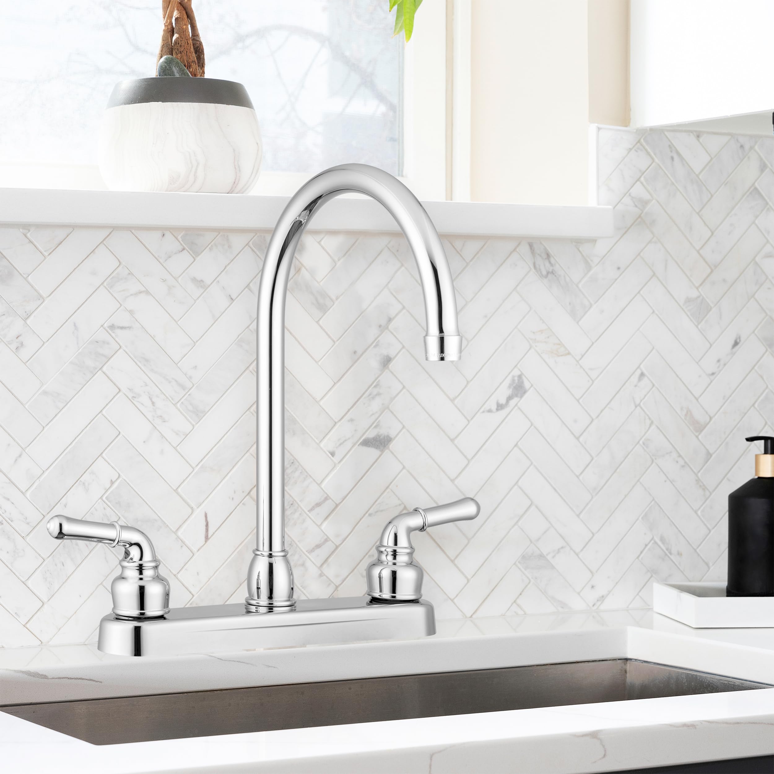 Pacific Bay Lynden Modern High Arc Kitchen Sink Faucet - Brushed Satin Nickel Finish - ABS Plastic with Metallic Coating - Perfect for Farmhouse, RV & Small Kitchen Sinks